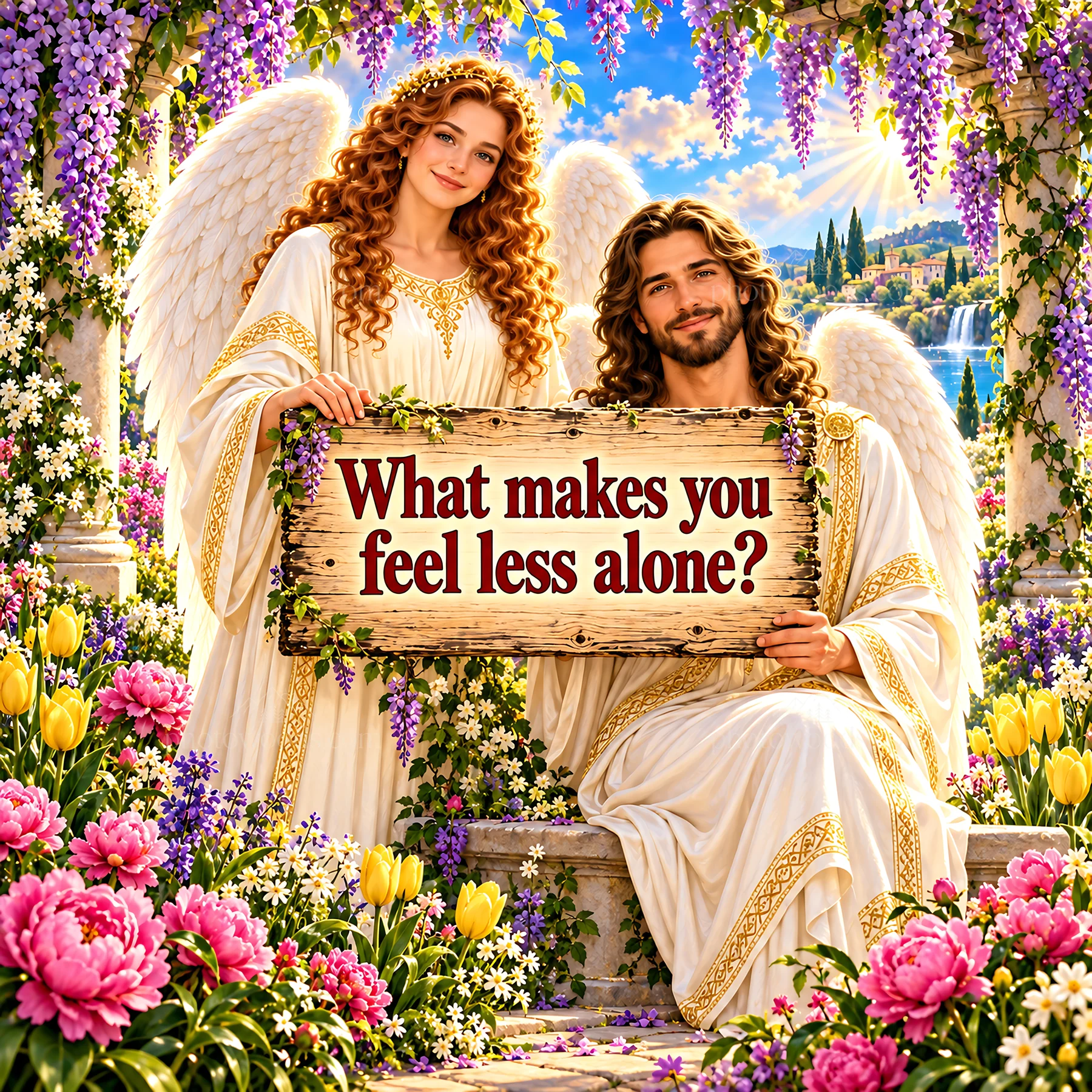 Jesus Christ with angel asking about feeling alone - AI-generated stock image