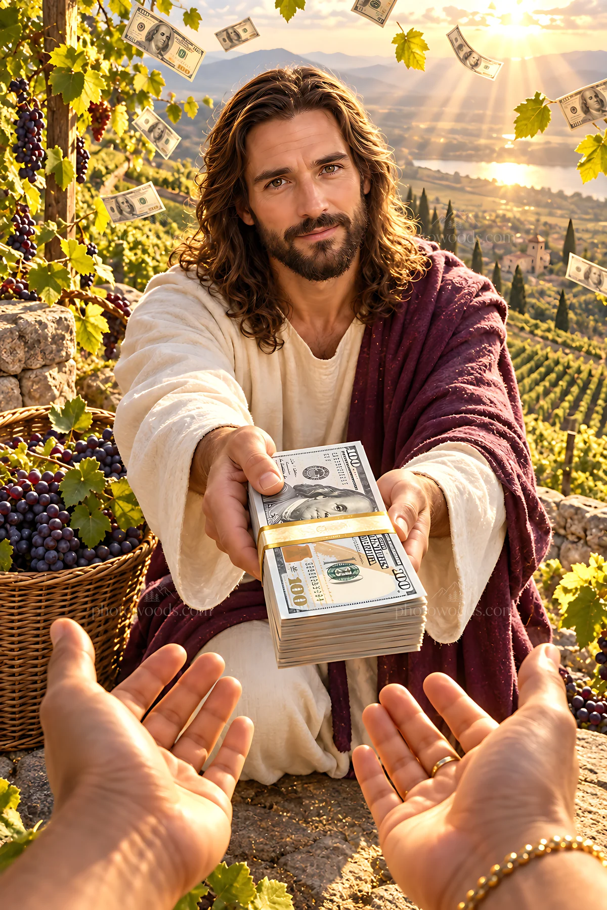 Jesus giving money in a vineyard setting - AI-generated stock image