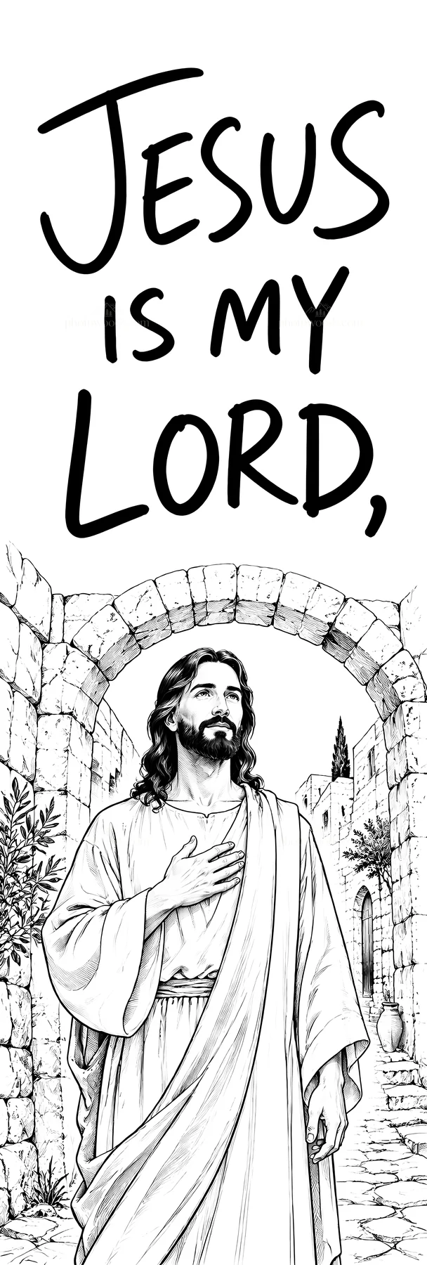 Jesus Christ walking through a town in a welcoming pose - AI-generated stock image