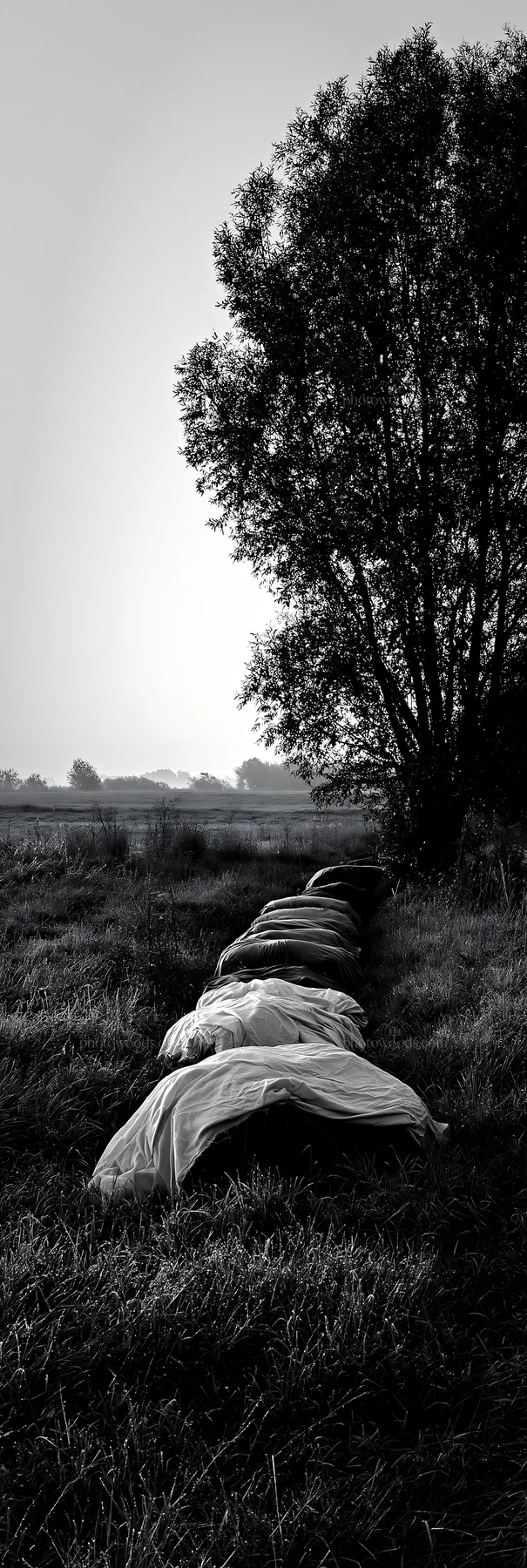 Rolls of fabric laid out in a meadow near a tree - AI-generated stock image