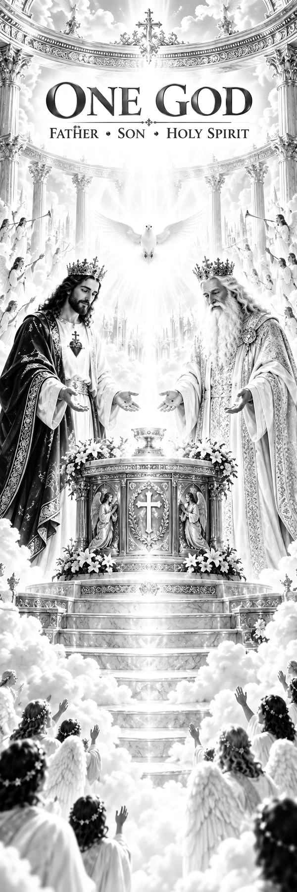 Jesus Christ in a heavenly scene with God the Father and Holy Spirit - AI-generated stock image