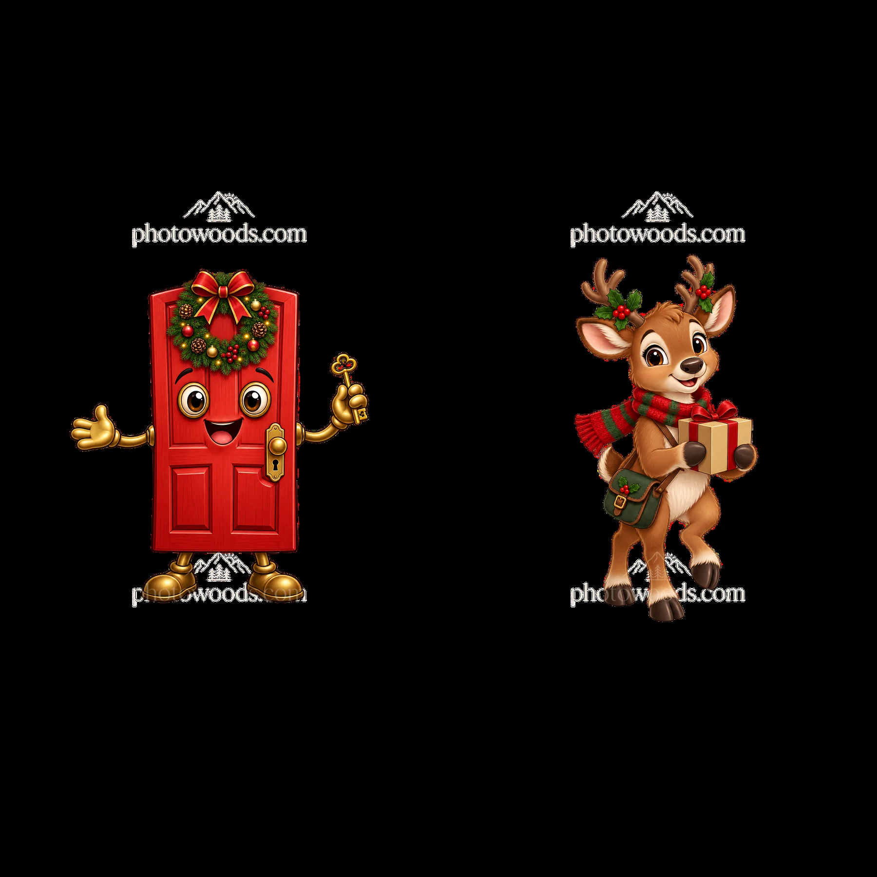 Happy Christmas door with wreath and cheerful reindeer carrying gift - AI-generated stock image
