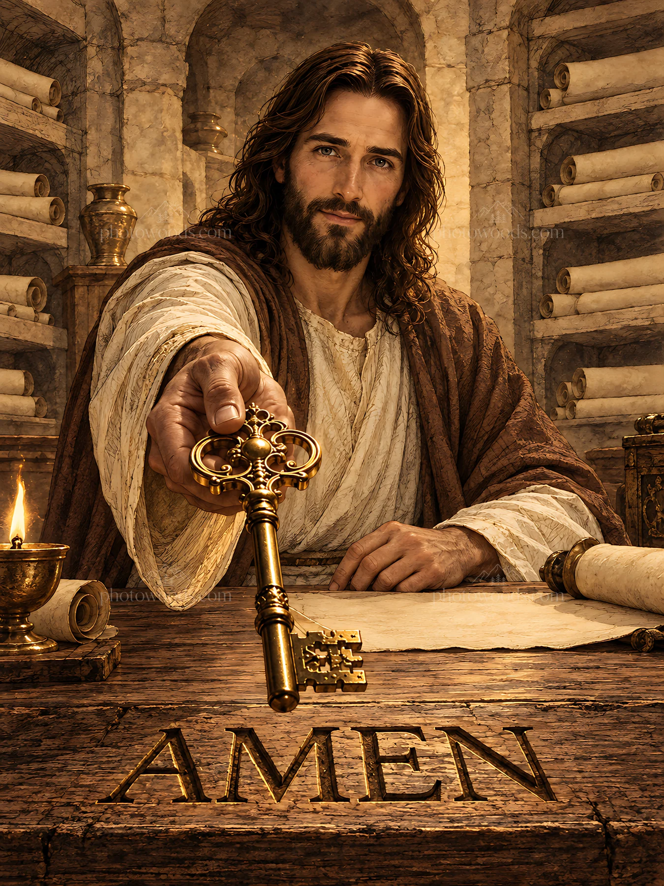 Key held by a figure in a library with scrolls and a golden cup - AI-generated stock image
