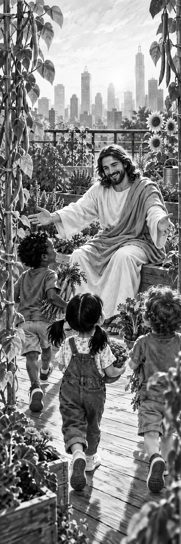 Jesus Christ welcoming children in a garden setting - AI-generated stock image