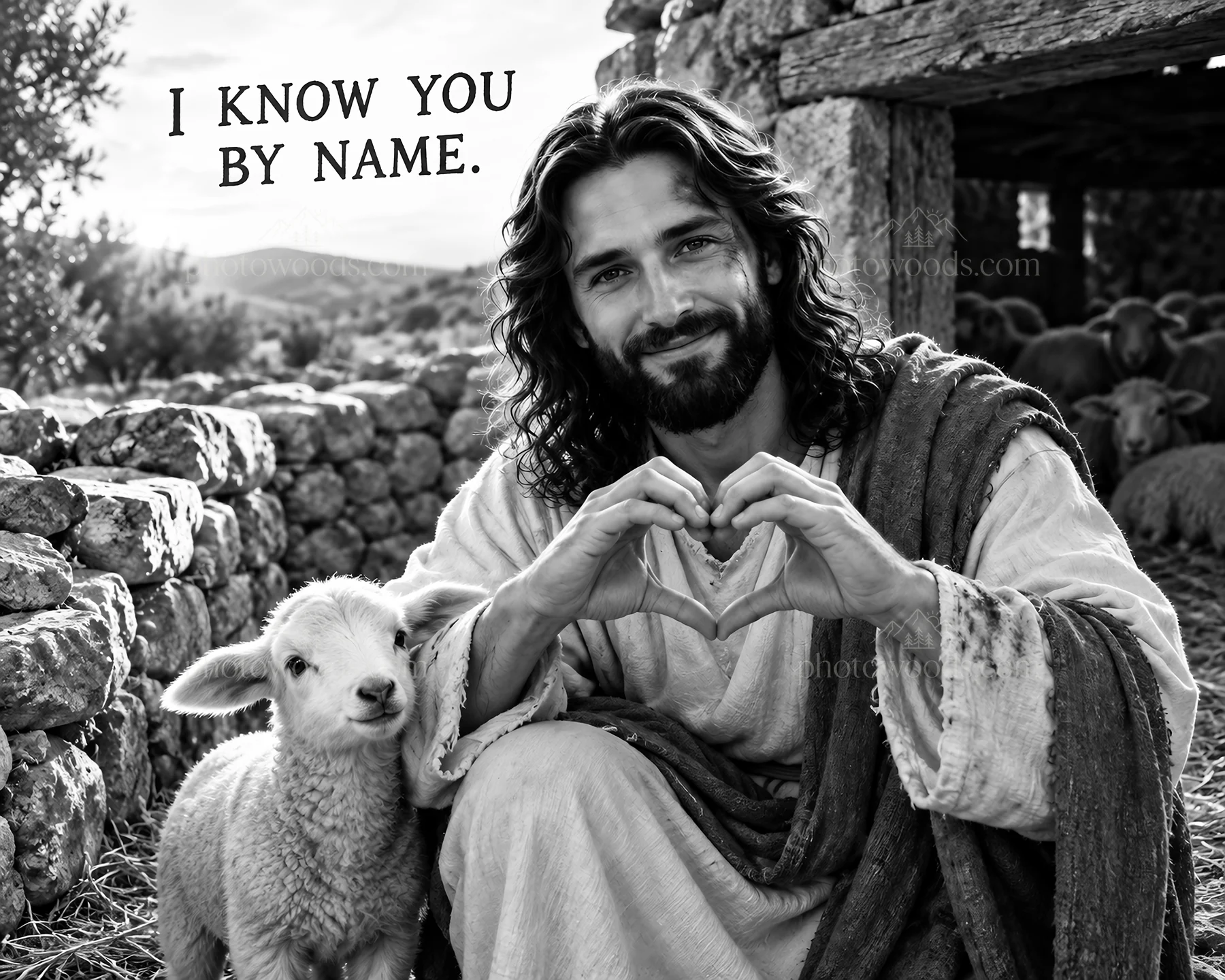 Jesus Christ sharing love with a sheep - AI-generated stock image