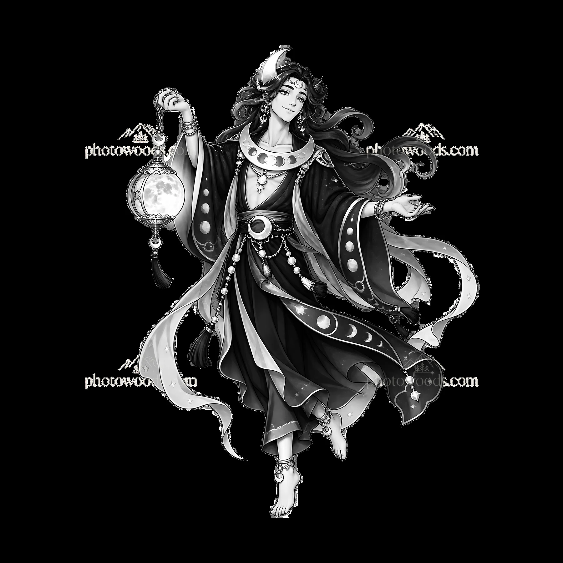 Pagan god figure holding a lantern with flowing robes and long hair - AI-generated stock image