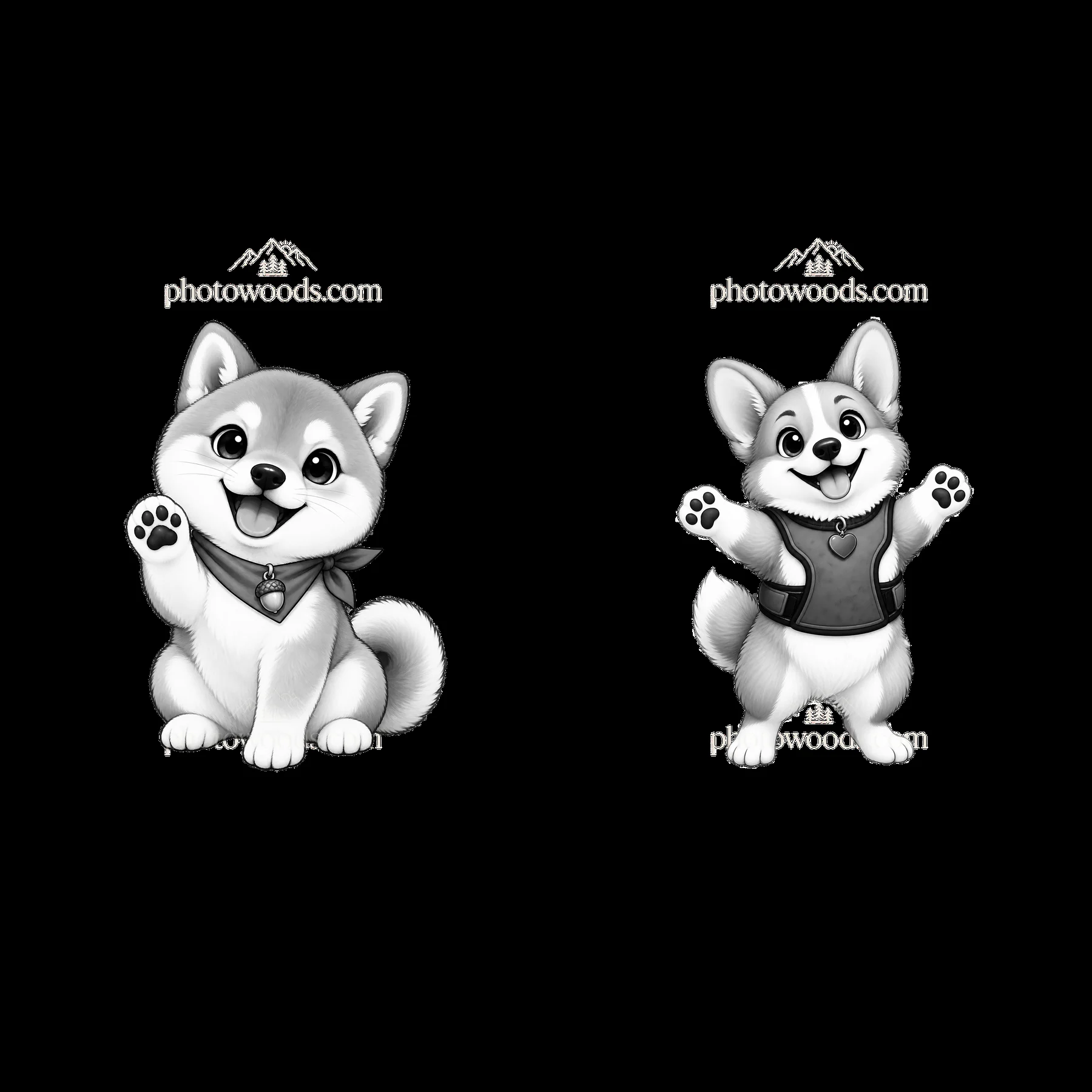 Cute K-9 dogs waving with accessories in black and white style - AI-generated stock image