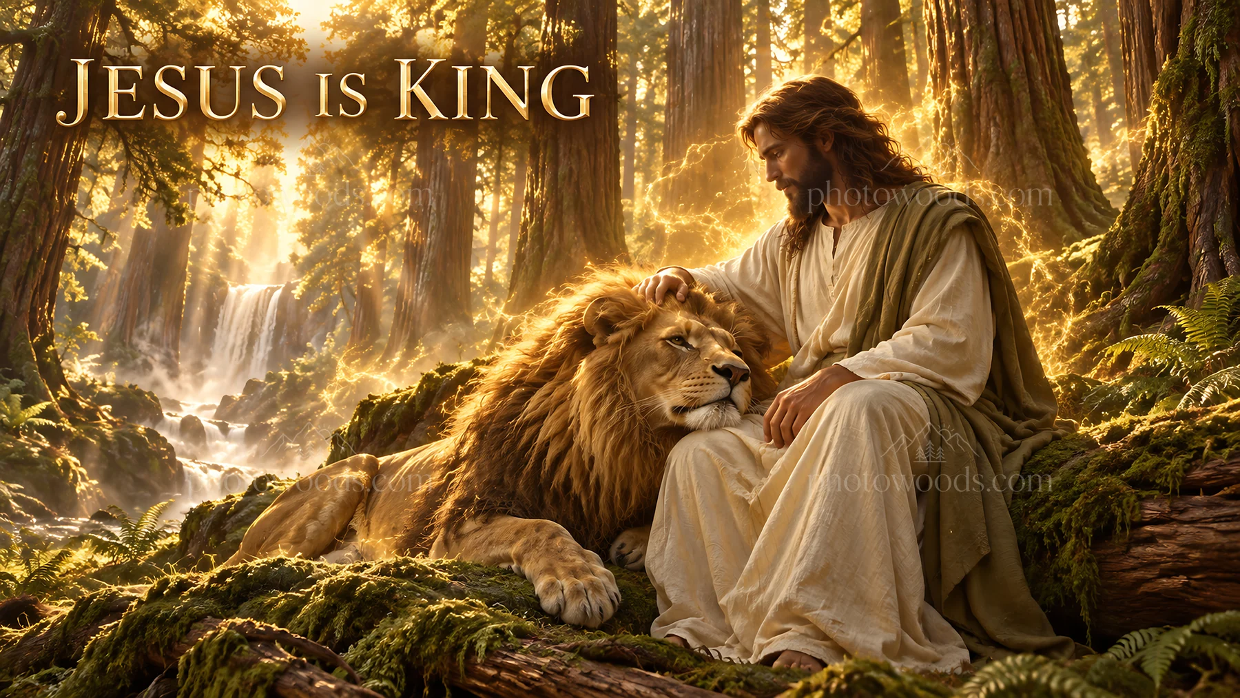 Jesus Christ comforts a lion in a forest setting - AI-generated stock image