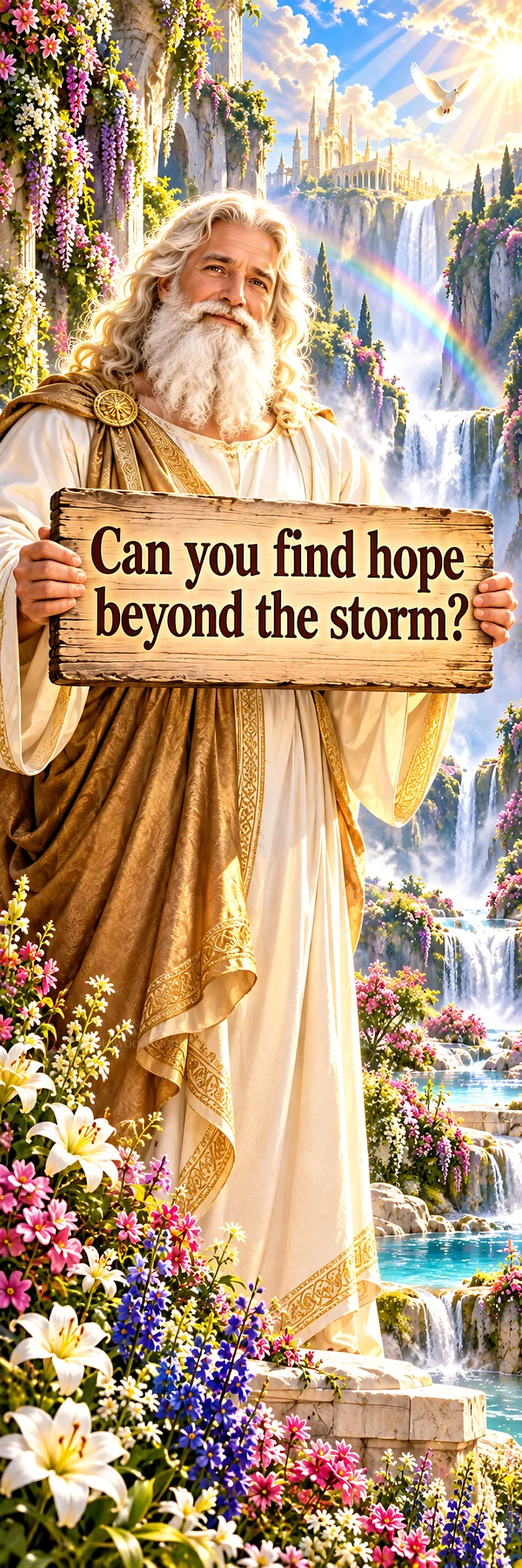 Jesus Christ holding a sign asking about hope beyond the storm - AI-generated stock image
