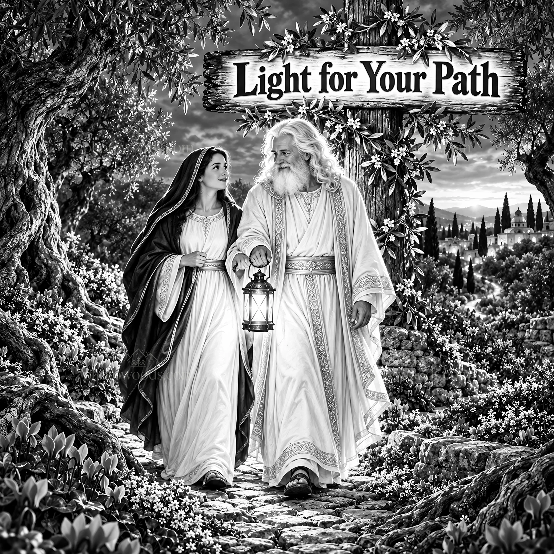 Jesus Christ walking with a woman on a scenic path - AI-generated stock image