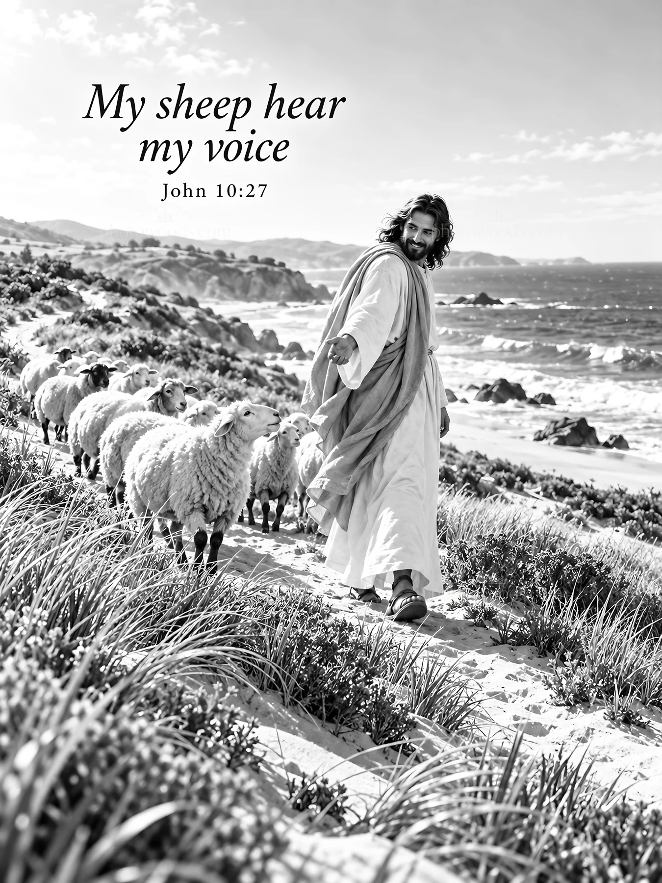 Jesus Christ leading sheep along the shore - AI-generated stock image