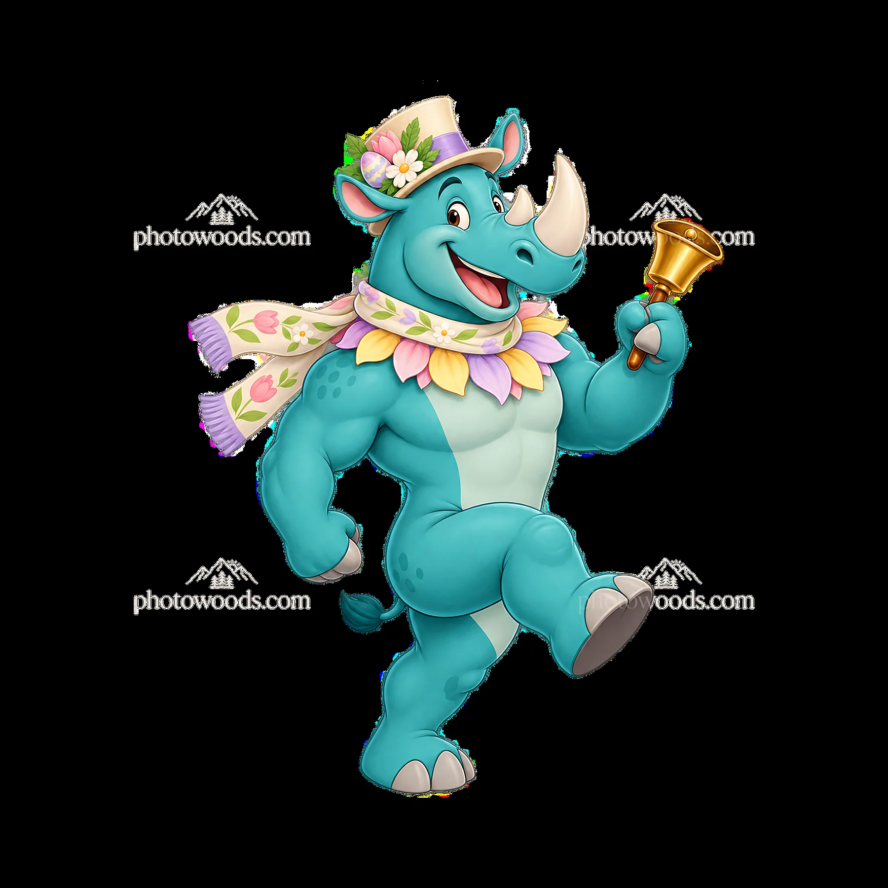 Easter rhinoceros character wearing a hat and holding a bell - AI-generated stock image