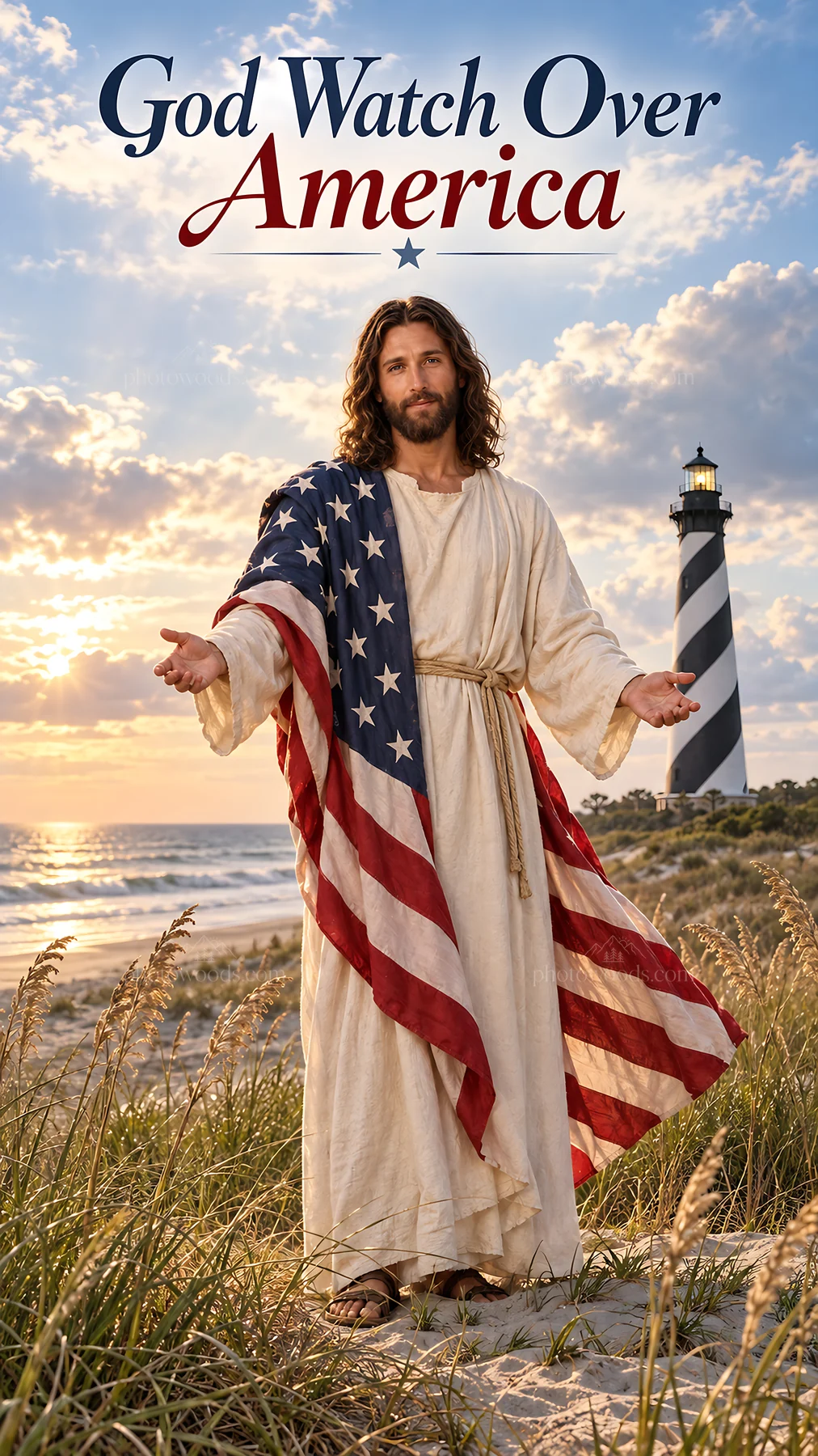 Jesus Christ standing with an American flag by the ocean - AI-generated stock image