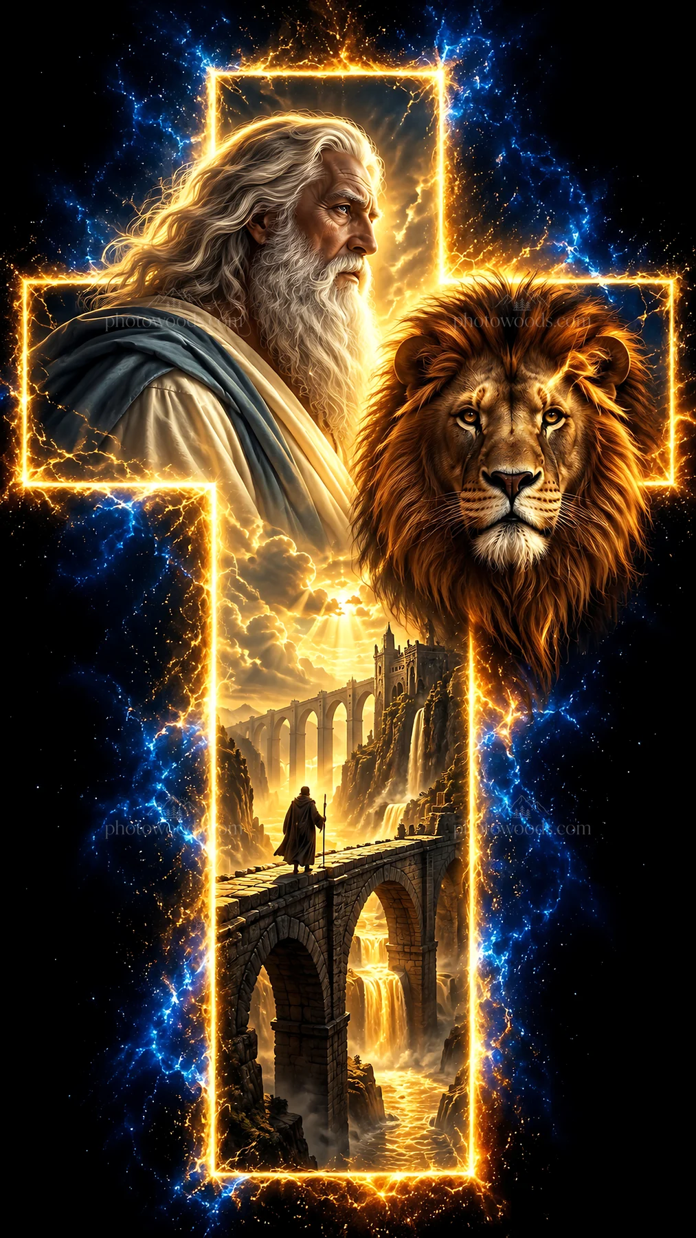 Jesus Christ with lion and majestic landscape - AI-generated stock image