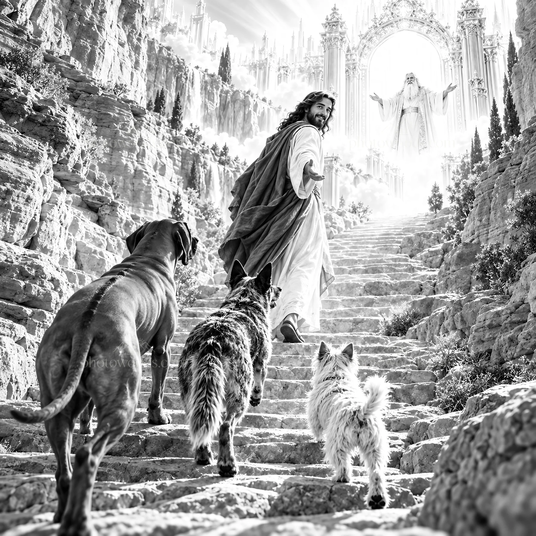 Jesus Christ walking up the stairs with dogs in a heavenly setting - AI-generated stock image