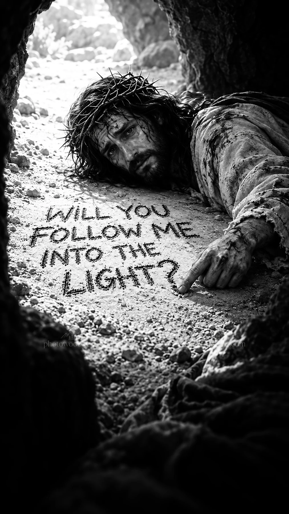 Jesus Christ reaching out with a message of light - AI-generated stock image