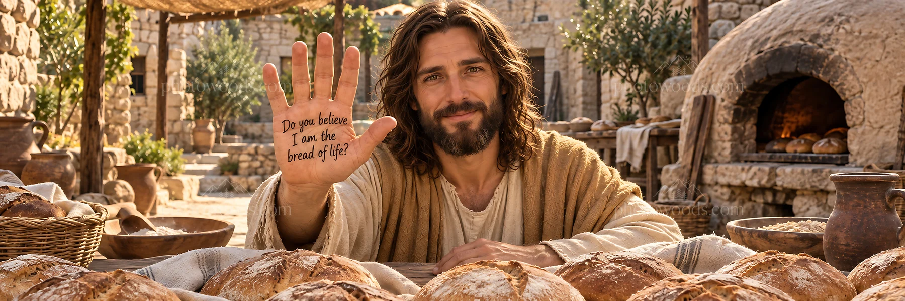 Jesus Christ sharing bread and asking about faith - AI-generated stock image