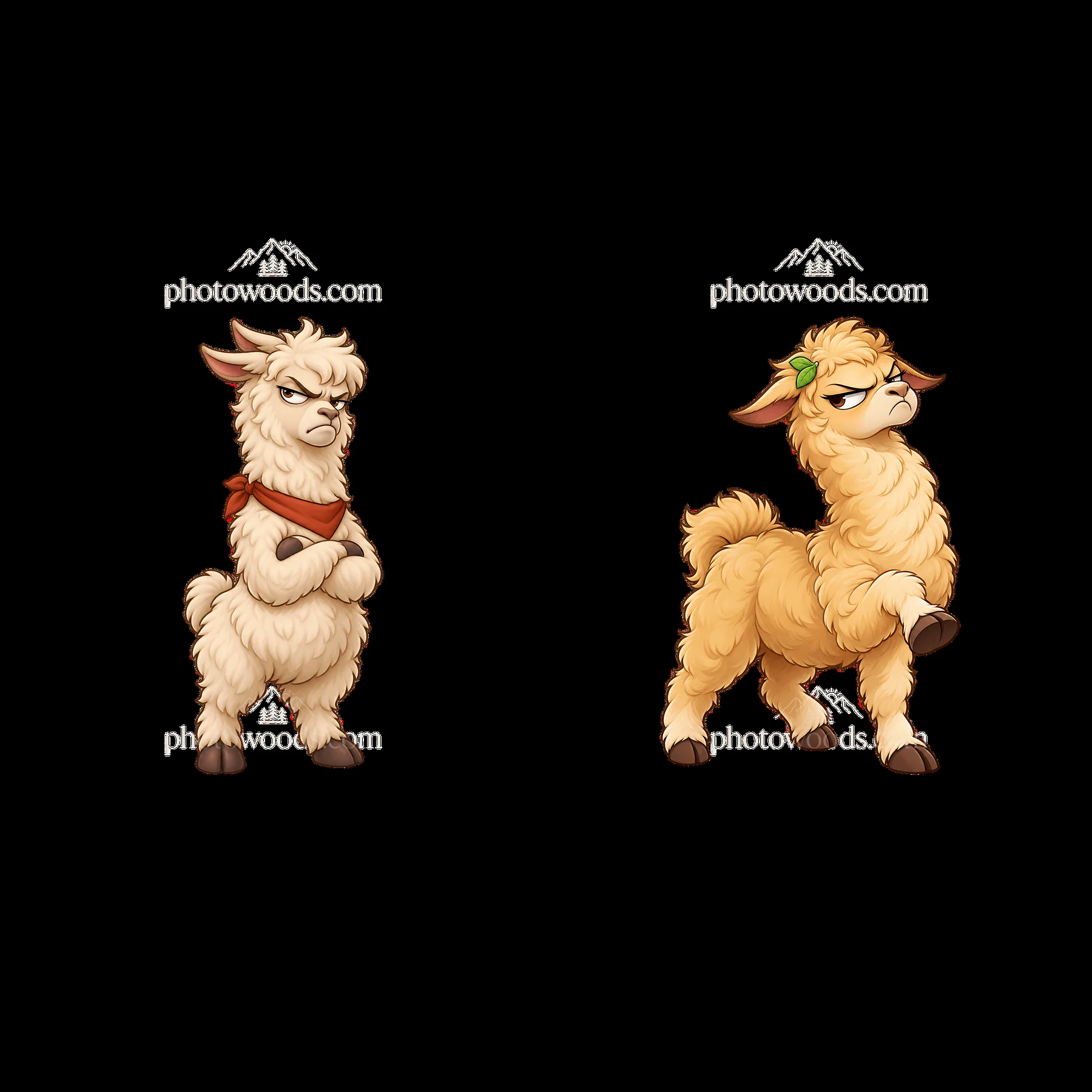 Grumpy llama characters expressing different attitudes and moods - AI-generated stock image