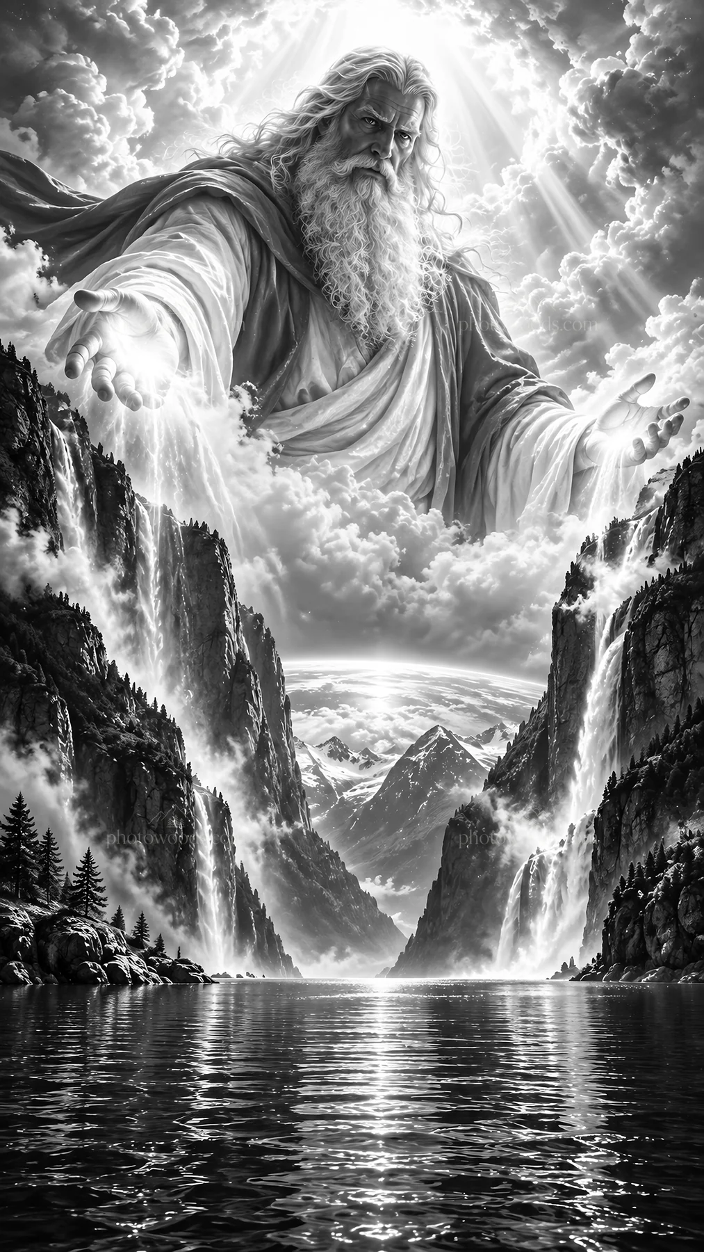 Jesus Christ blessing the creation in a mountainous setting - AI-generated stock image