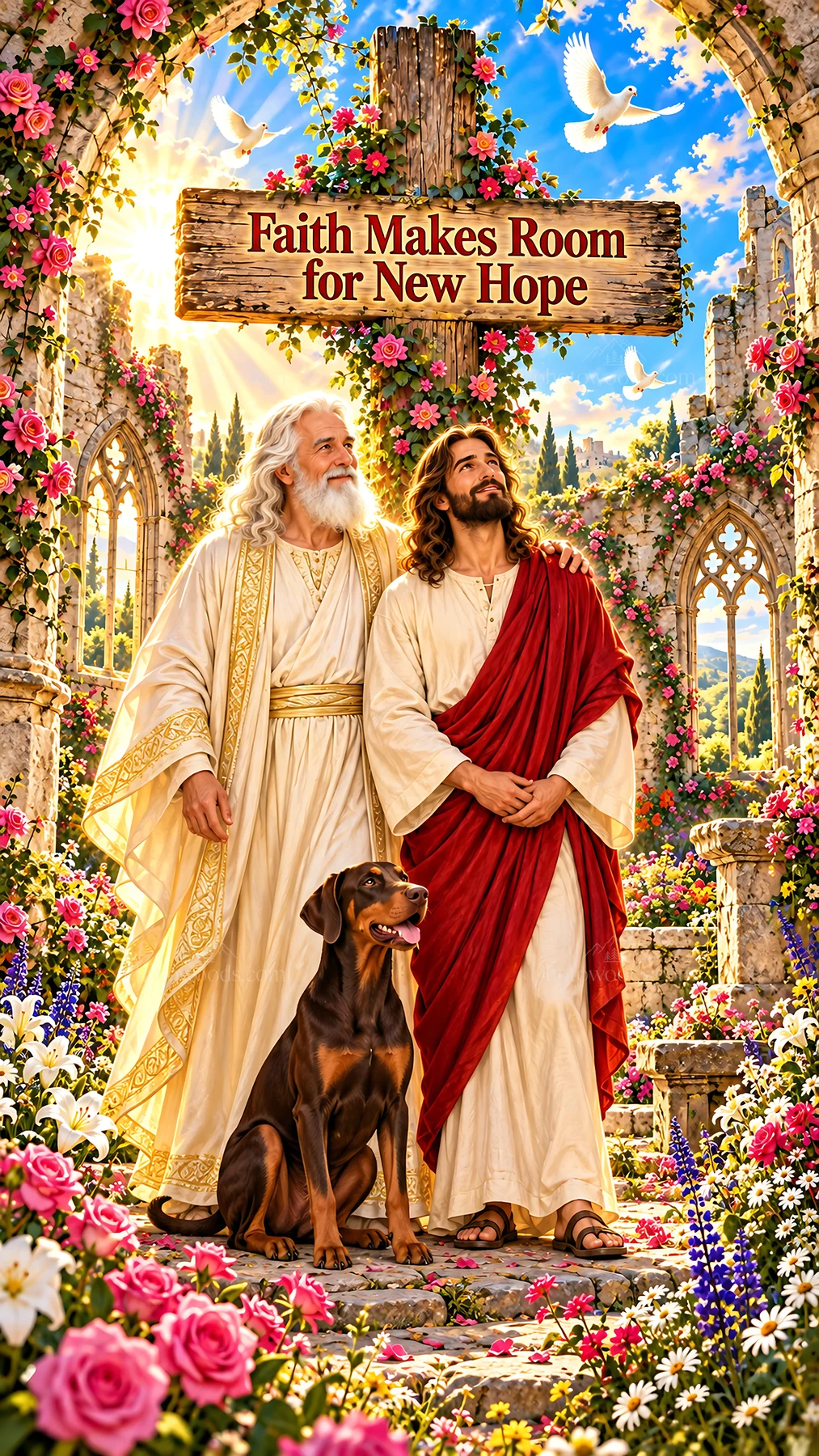 Jesus Christ walking in a garden with a man and a dog - AI-generated stock image