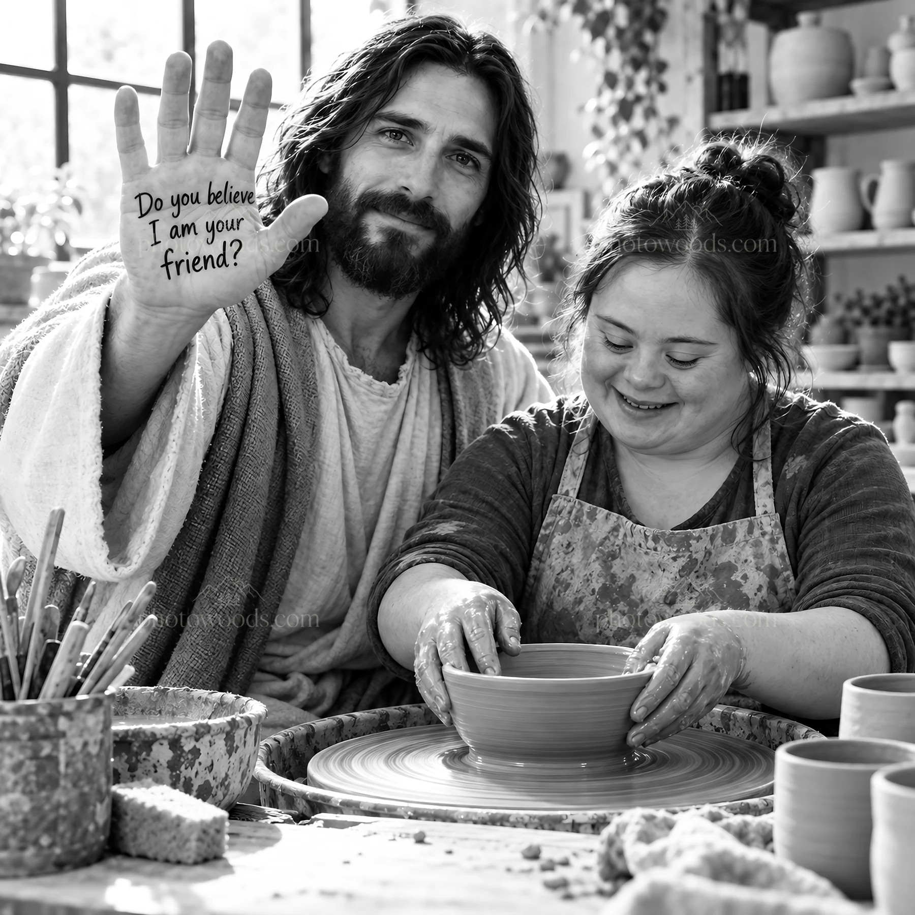 Jesus Christ sharing a moment with a potter - AI-generated stock image