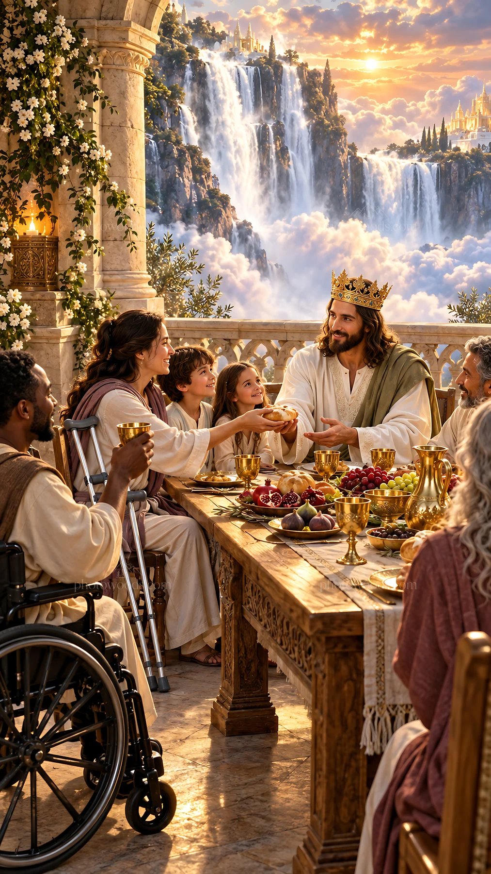 Jesus Christ sharing a meal with people in a beautiful setting - AI-generated stock image
