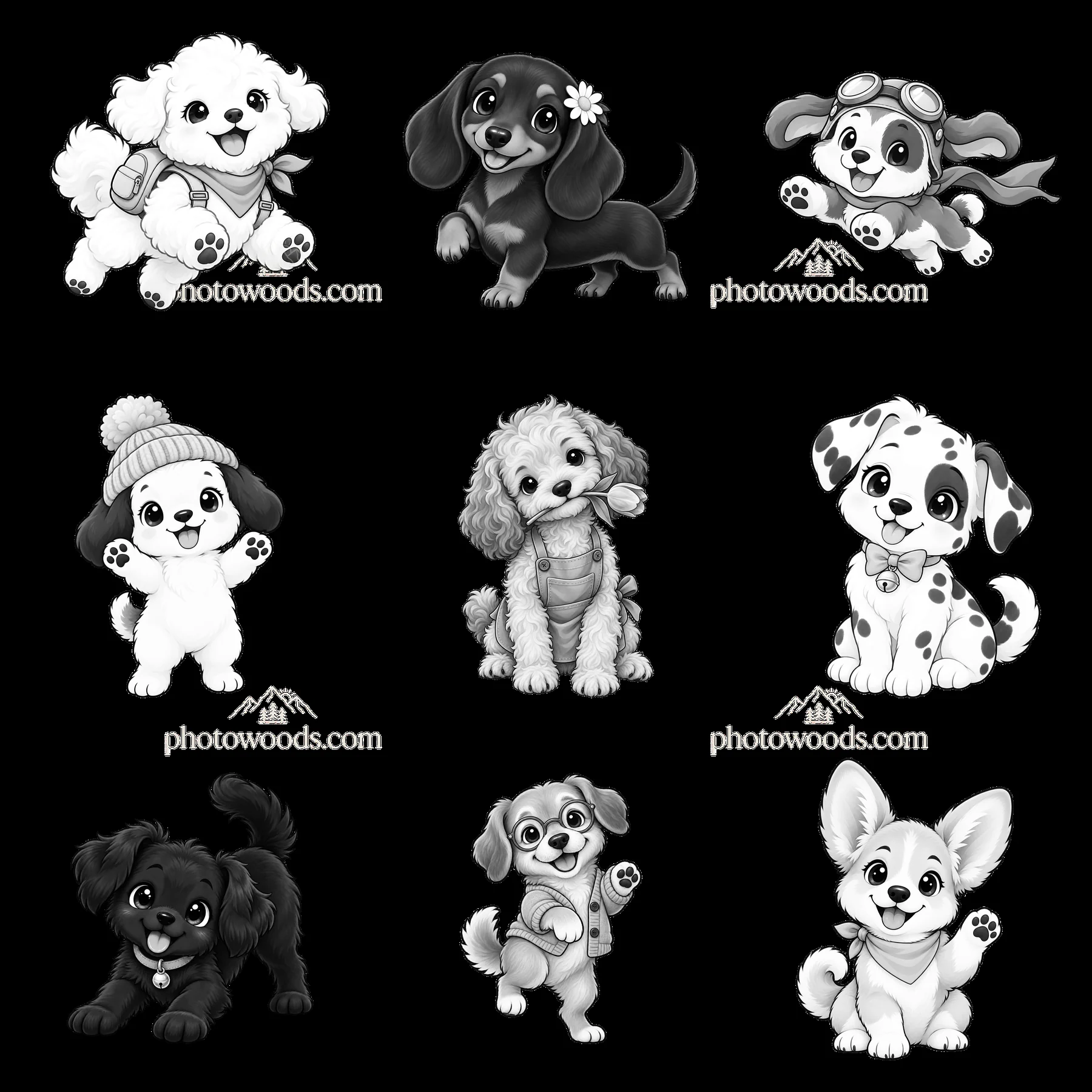 Cute dog stickers arranged in a 3x3 grid for fun designs - AI-generated stock image