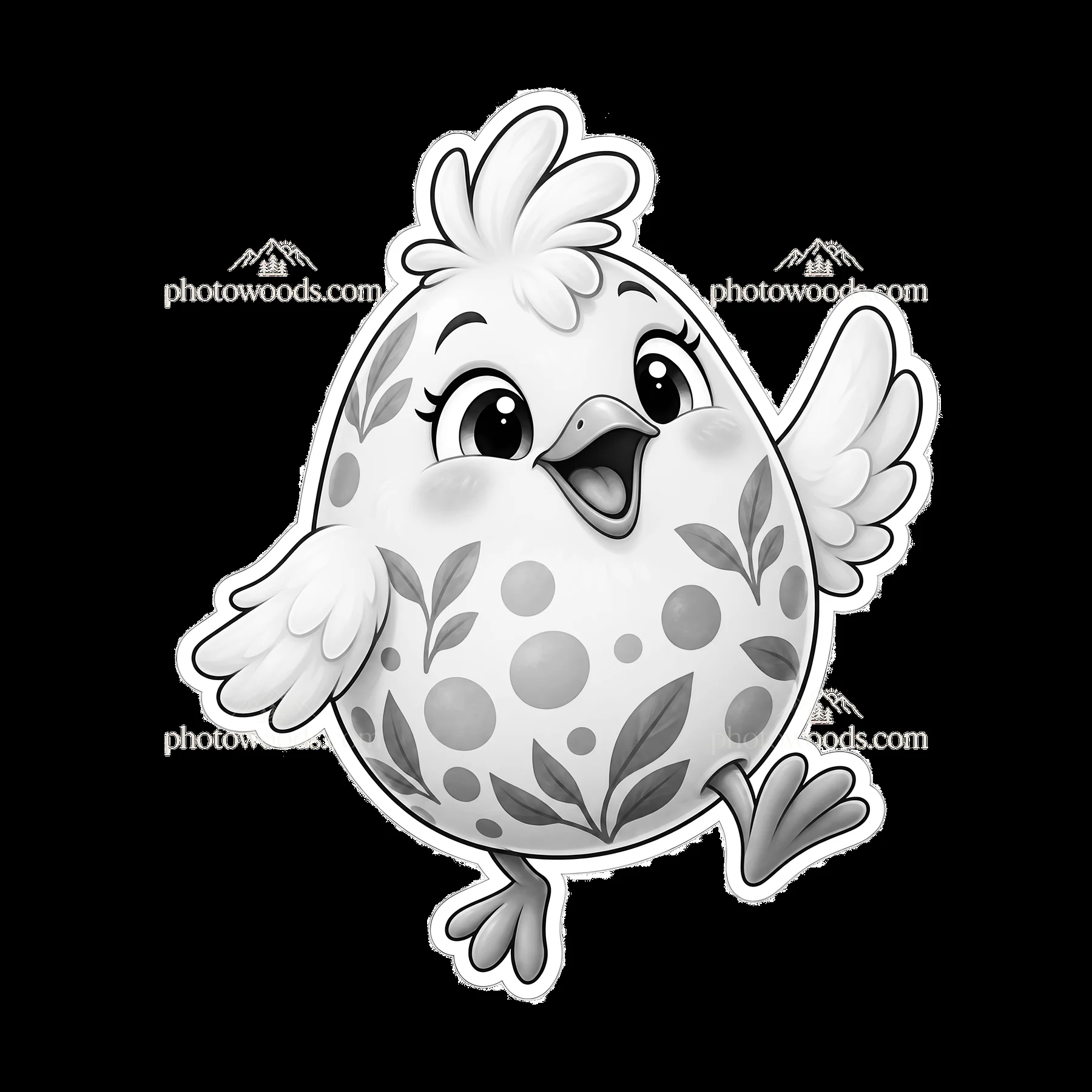 Cartoon chick with polka dot Easter egg in cheerful pose - AI-generated stock image