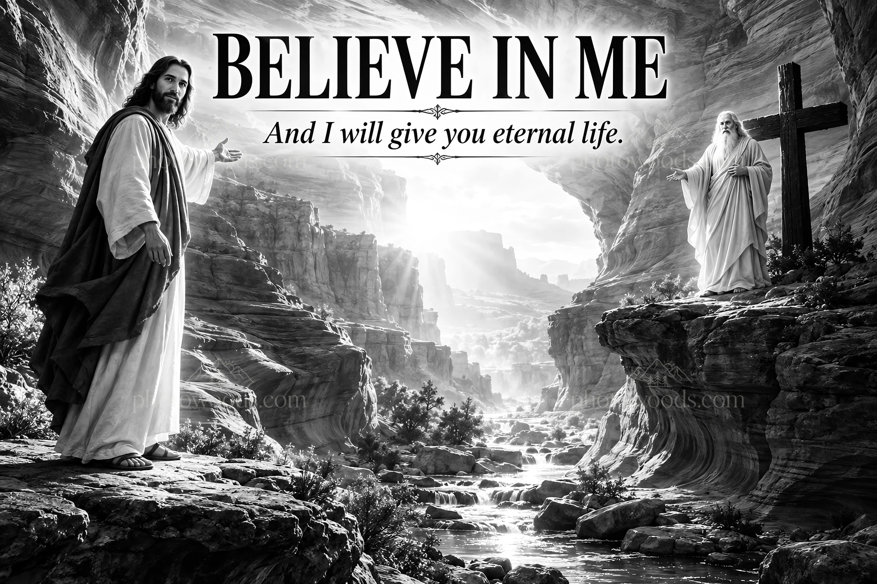 Jesus Christ offers eternal life in a rocky landscape - AI-generated stock image
