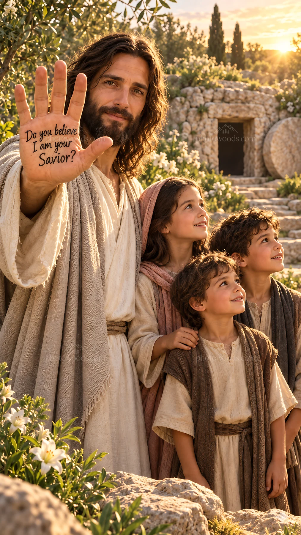 Jesus Christ shares a message of hope with children - AI-generated stock image