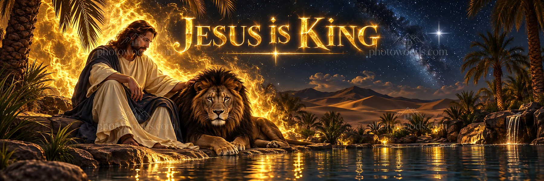 Jesus Christ seated by a lion in a desert scene - AI-generated stock image