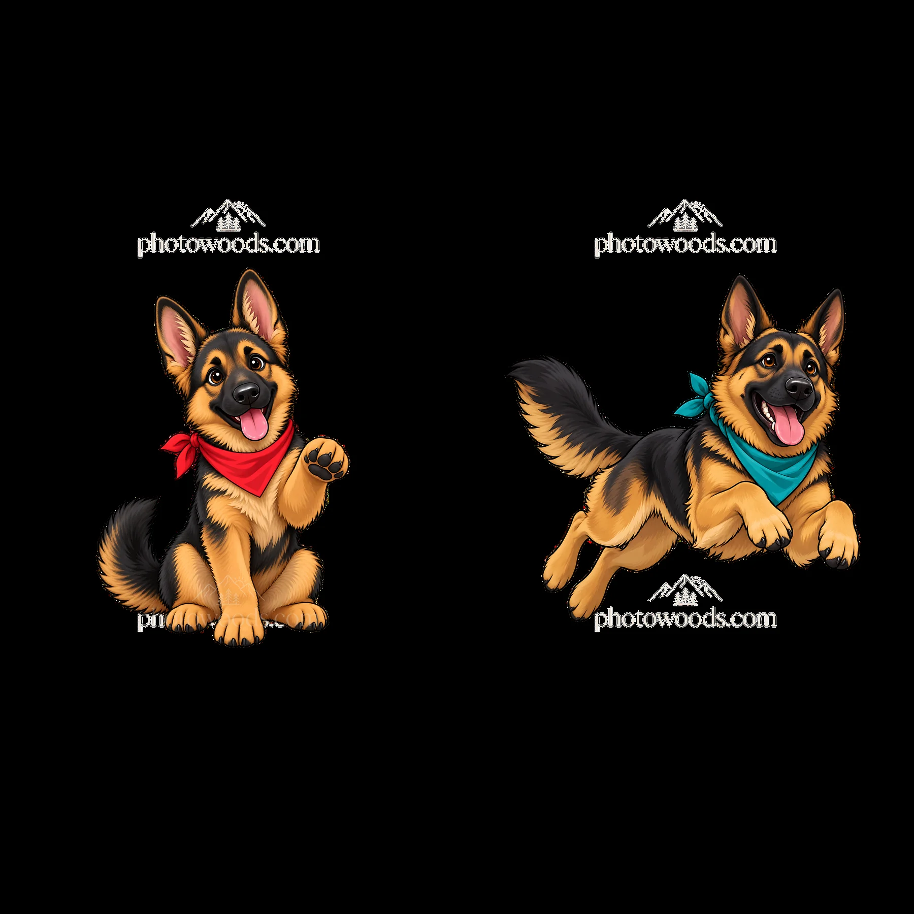German shepherd dogs with color bandanas in playful poses - AI-generated stock image