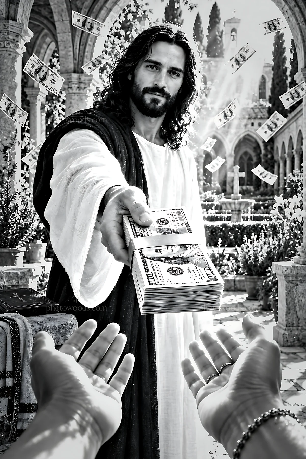 Man giving money in a cloister setting - AI-generated stock image