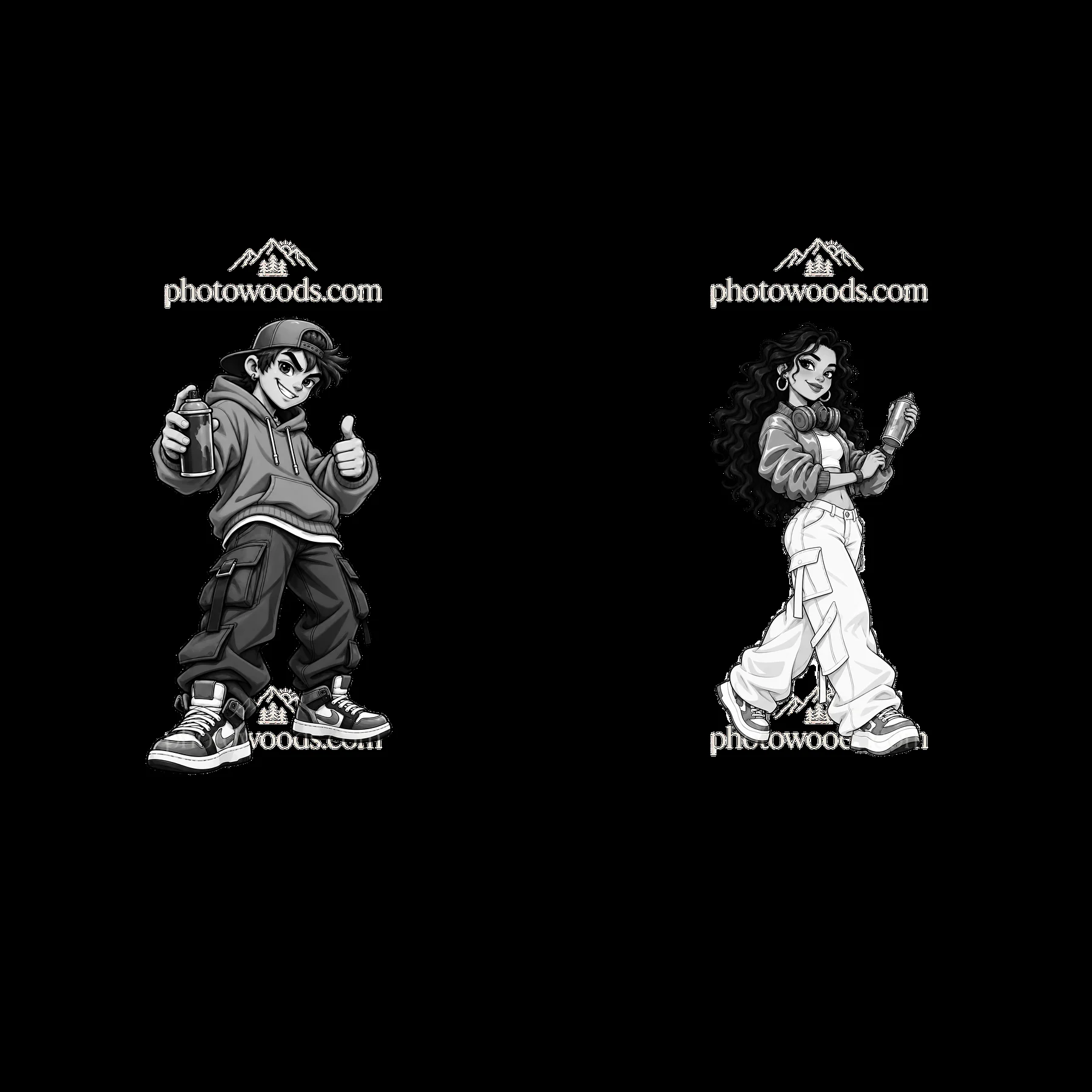 Cool graffiti sprayer characters in monochrome style - AI-generated stock image