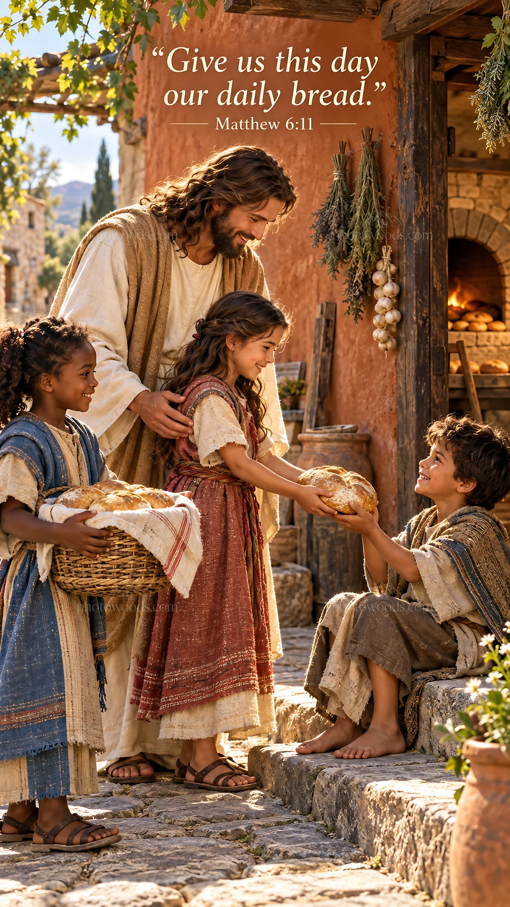 Jesus Christ sharing bread with children in a village - AI-generated stock image
