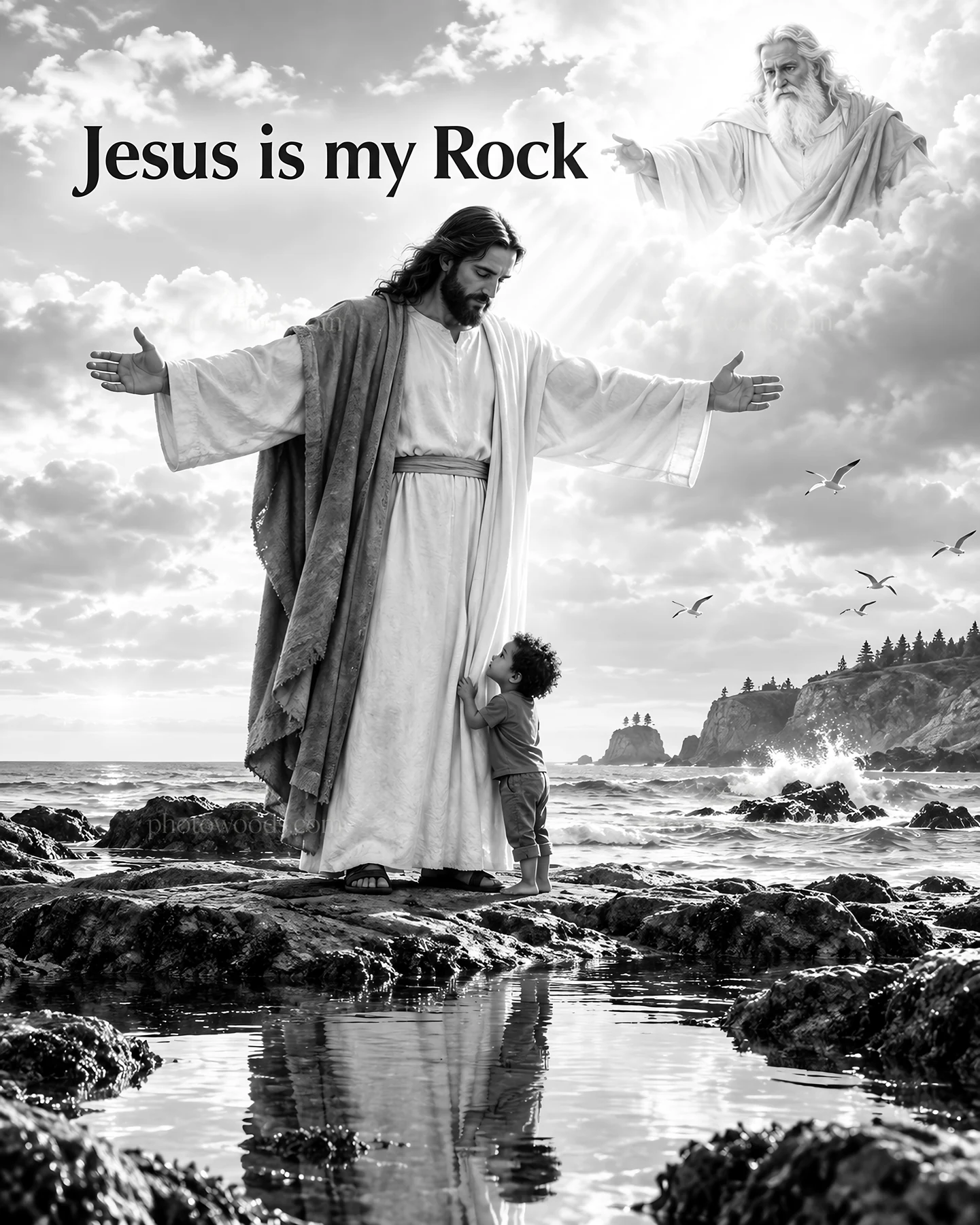 Jesus Christ comforting a child by the sea - AI-generated stock image