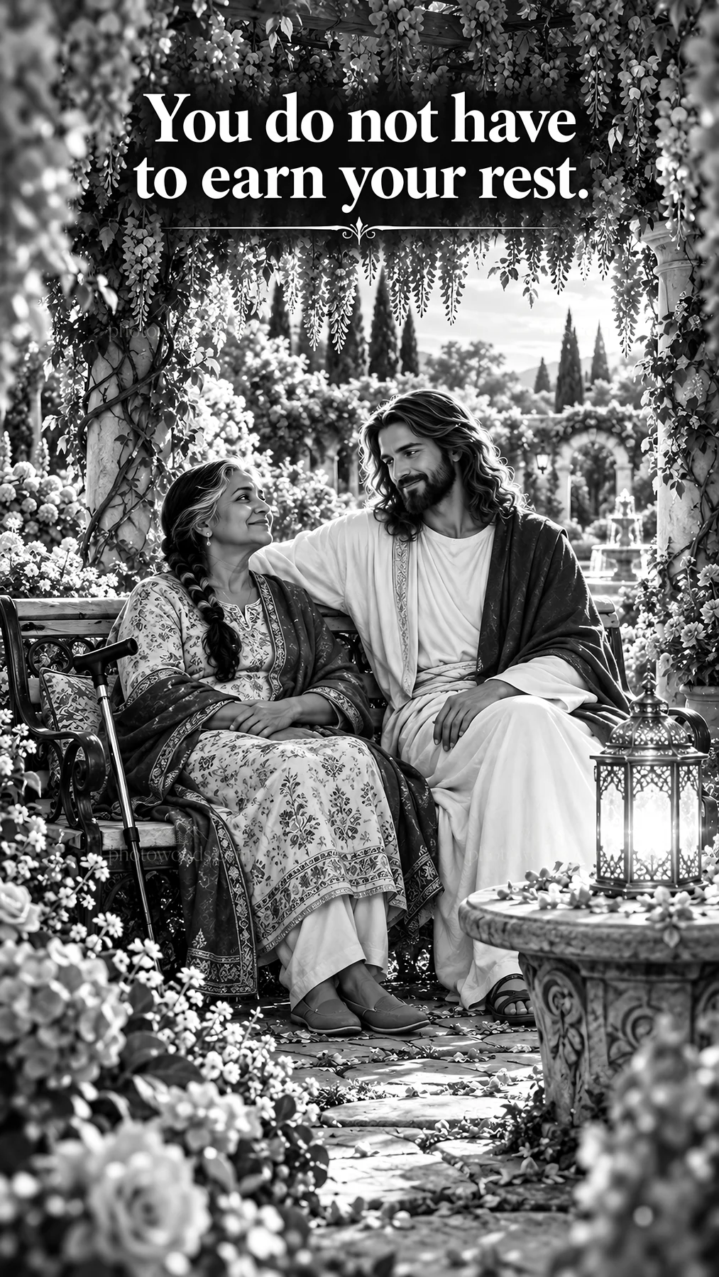 Jesus Christ comforting a woman in a garden setting - AI-generated stock image