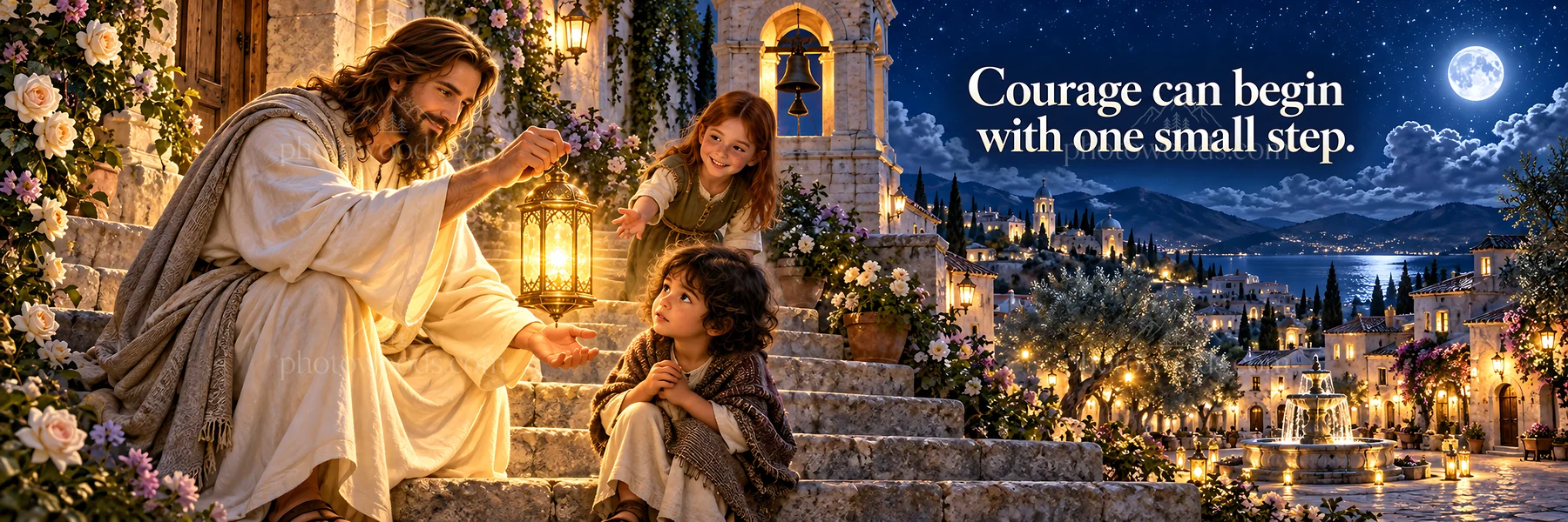 Jesus Christ sharing light with children in a joyful scene - AI-generated stock image