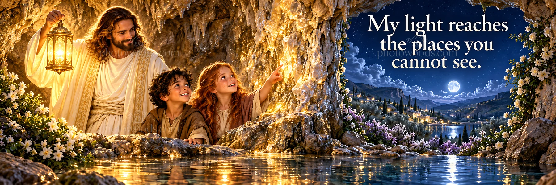 Jesus Christ shares light with children in a cave setting - AI-generated stock image