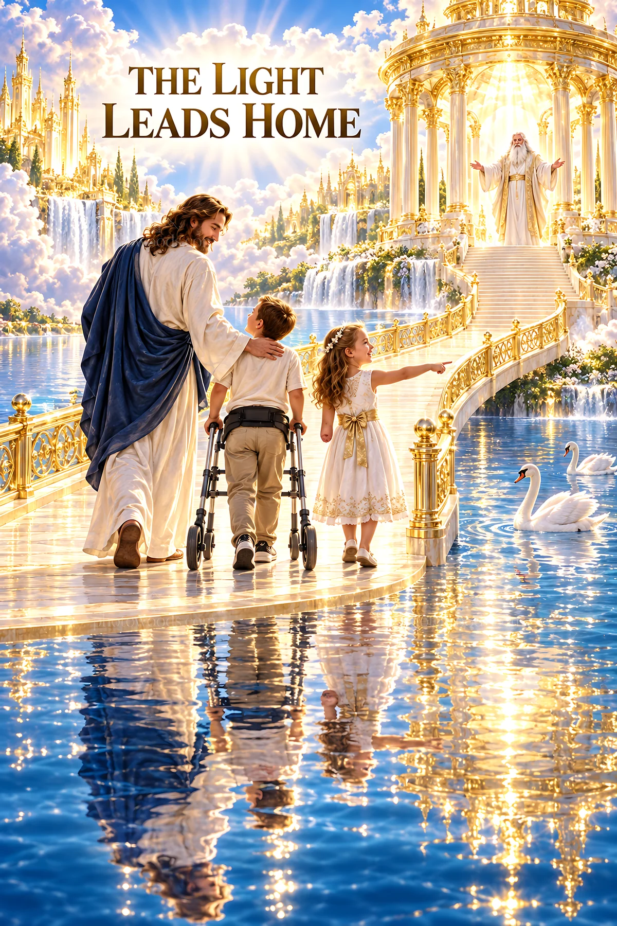 Jesus Christ guiding children on a golden path - AI-generated stock image