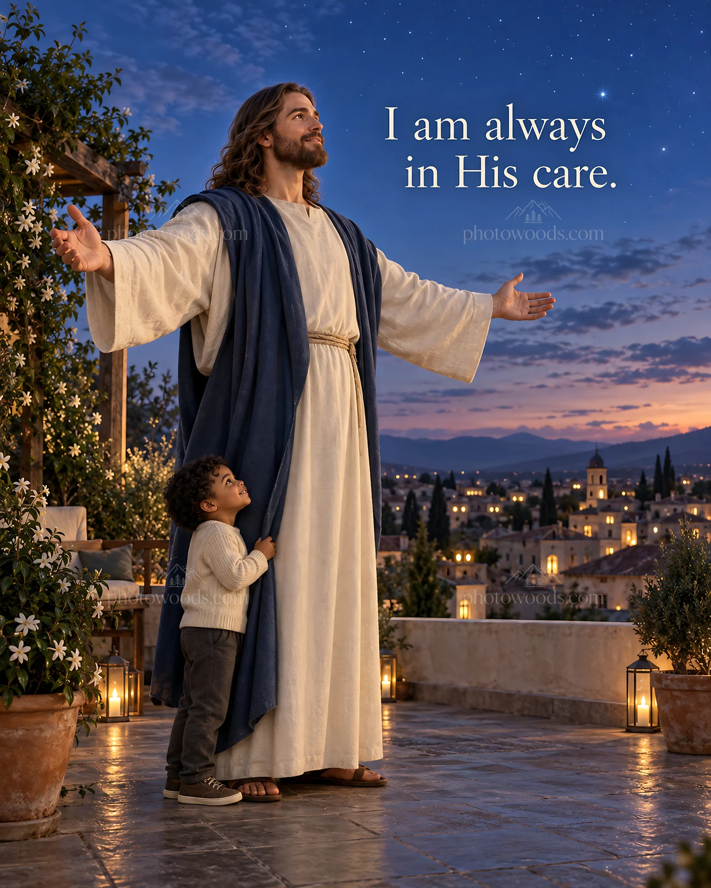 Jesus Christ welcoming a child with open arms - AI-generated stock image