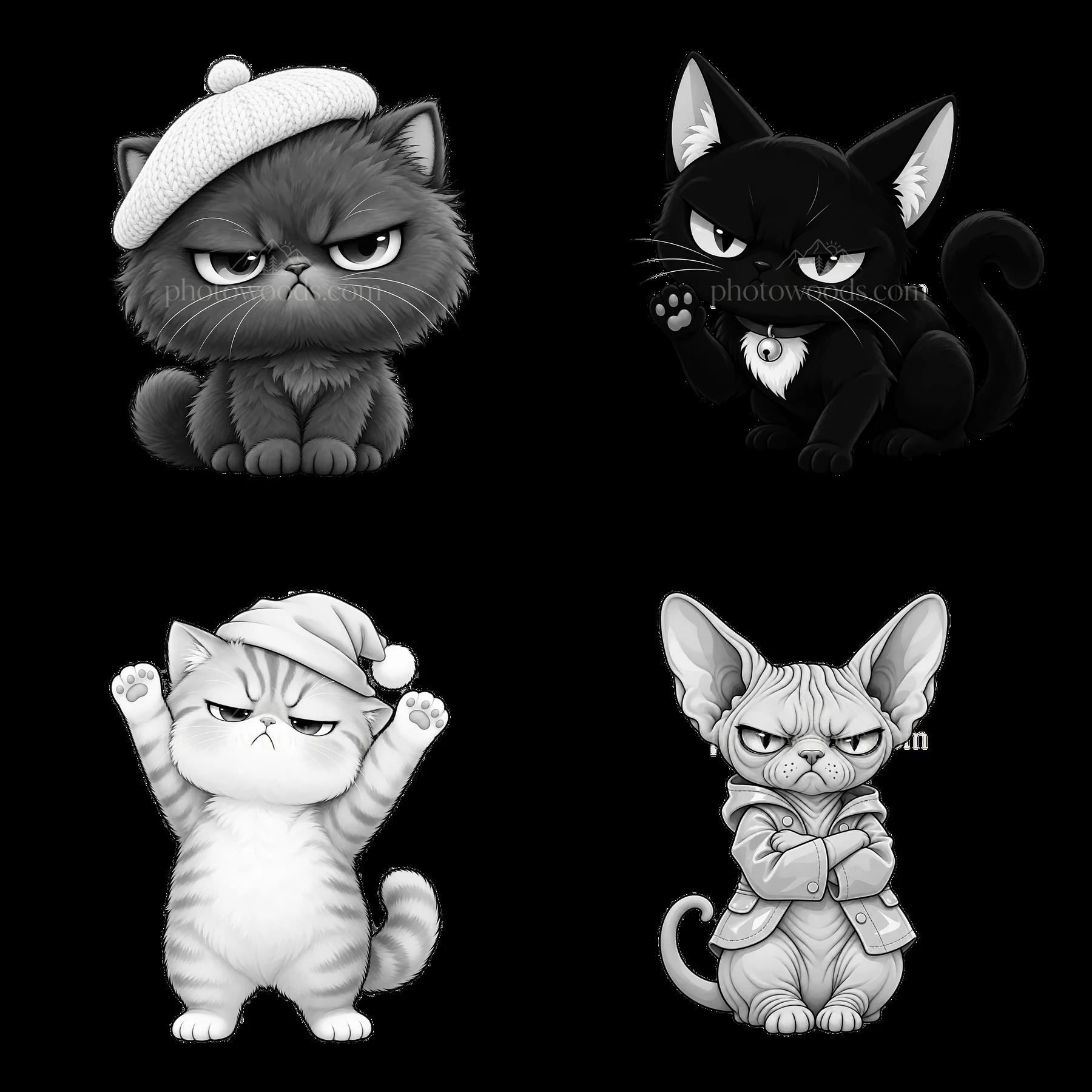 Kawaii grumpy cats in fun poses and outfits in a 2x2 layout - AI-generated stock image