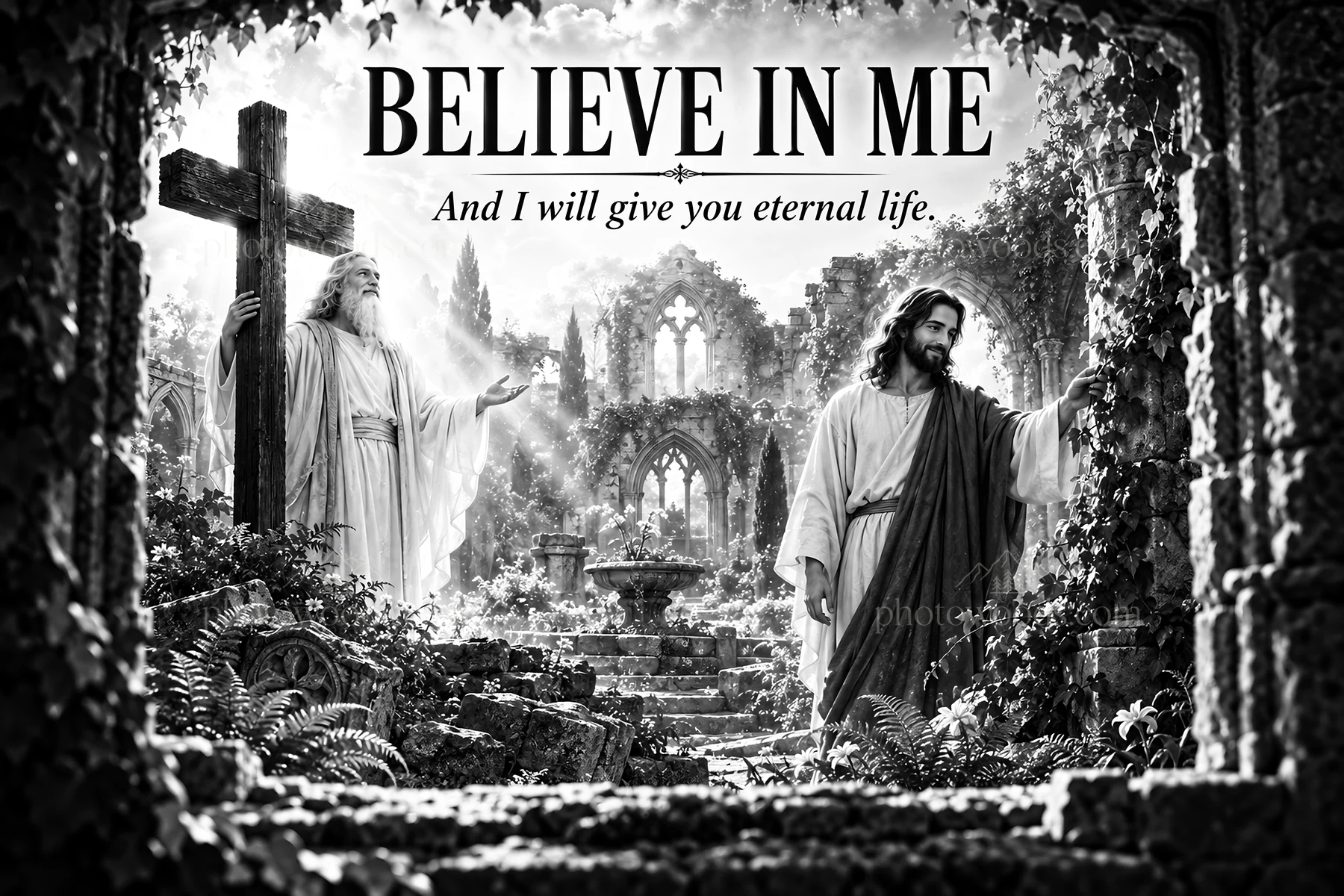 Jesus Christ offering eternal life in a serene garden setting - AI-generated stock image