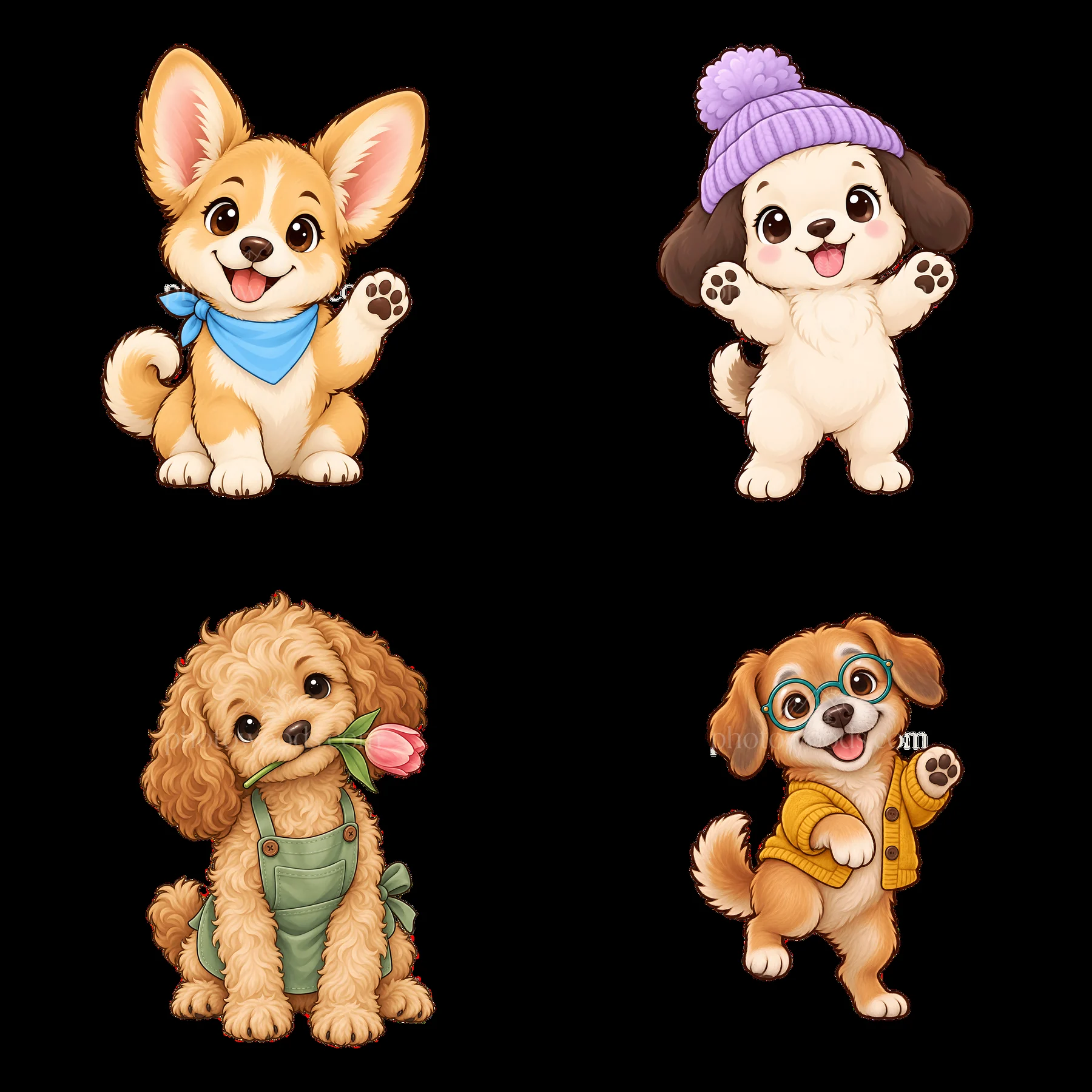 Cute dogs in a 2x2 cartoon sticker illustration set - AI-generated stock image