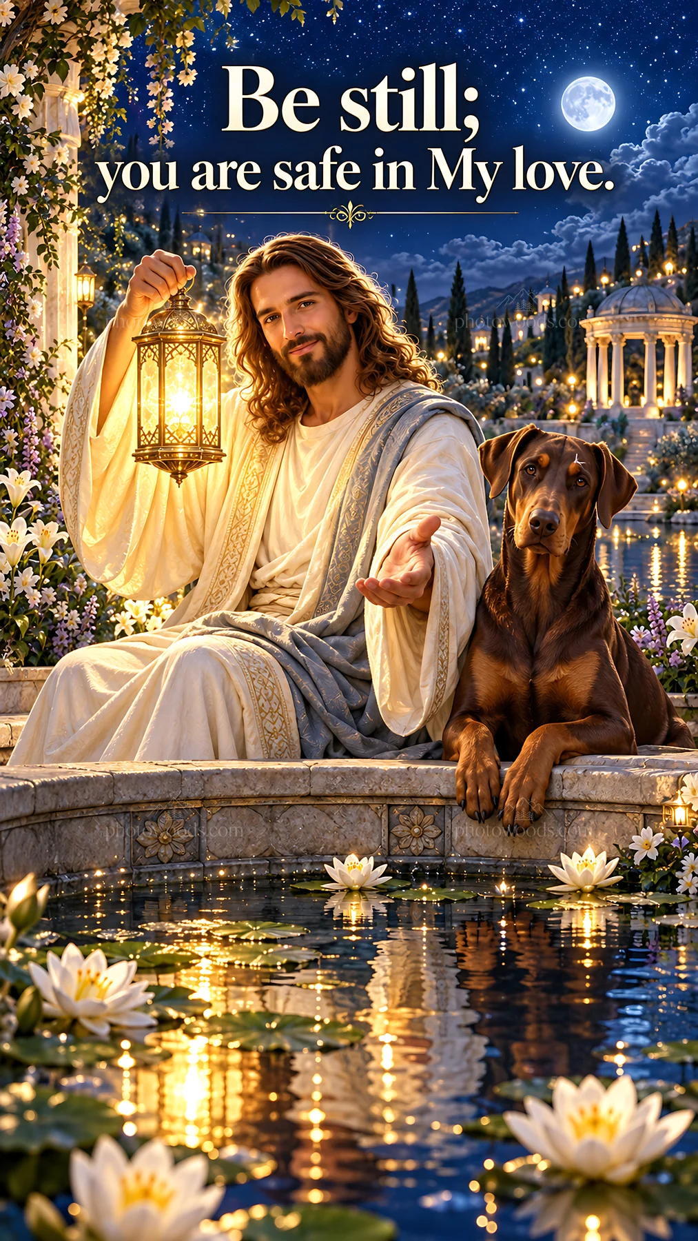 Jesus Christ sharing comfort with a lantern and a dog - AI-generated stock image