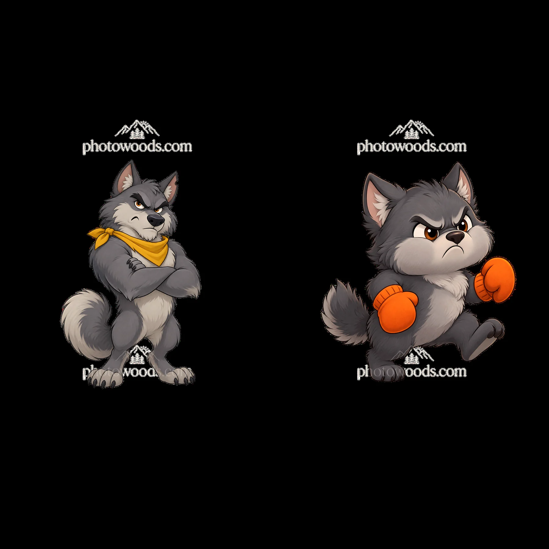 Grumpy wolf with orange boxing gloves and determined expression - AI-generated stock image
