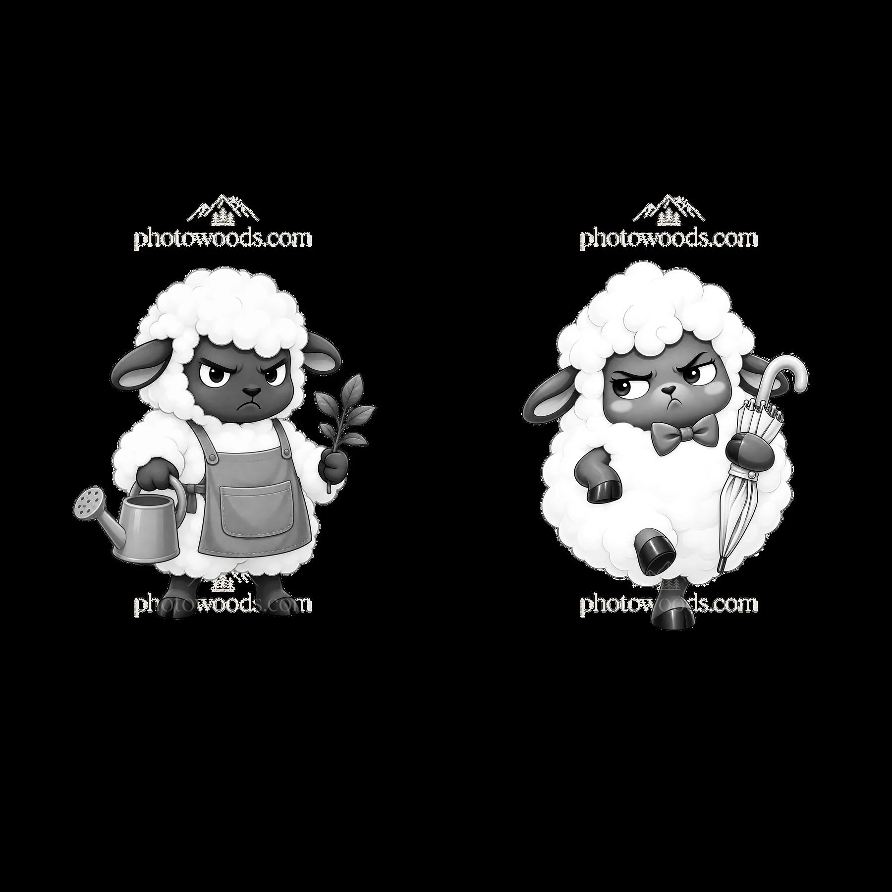 Grumpy sheep with watering can and umbrella in black-and-white - AI-generated stock image