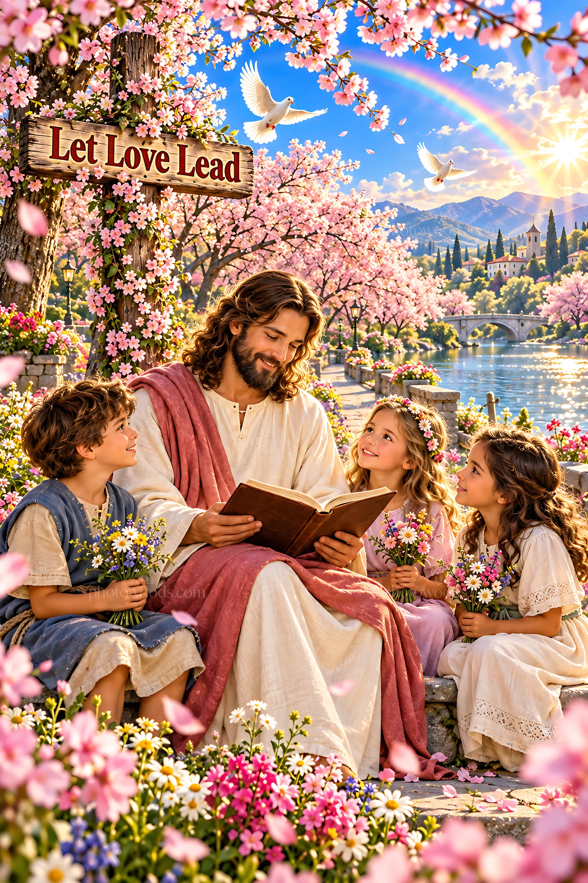 Faith beneath the cherry blossoms with children and Jesus - AI-generated stock image