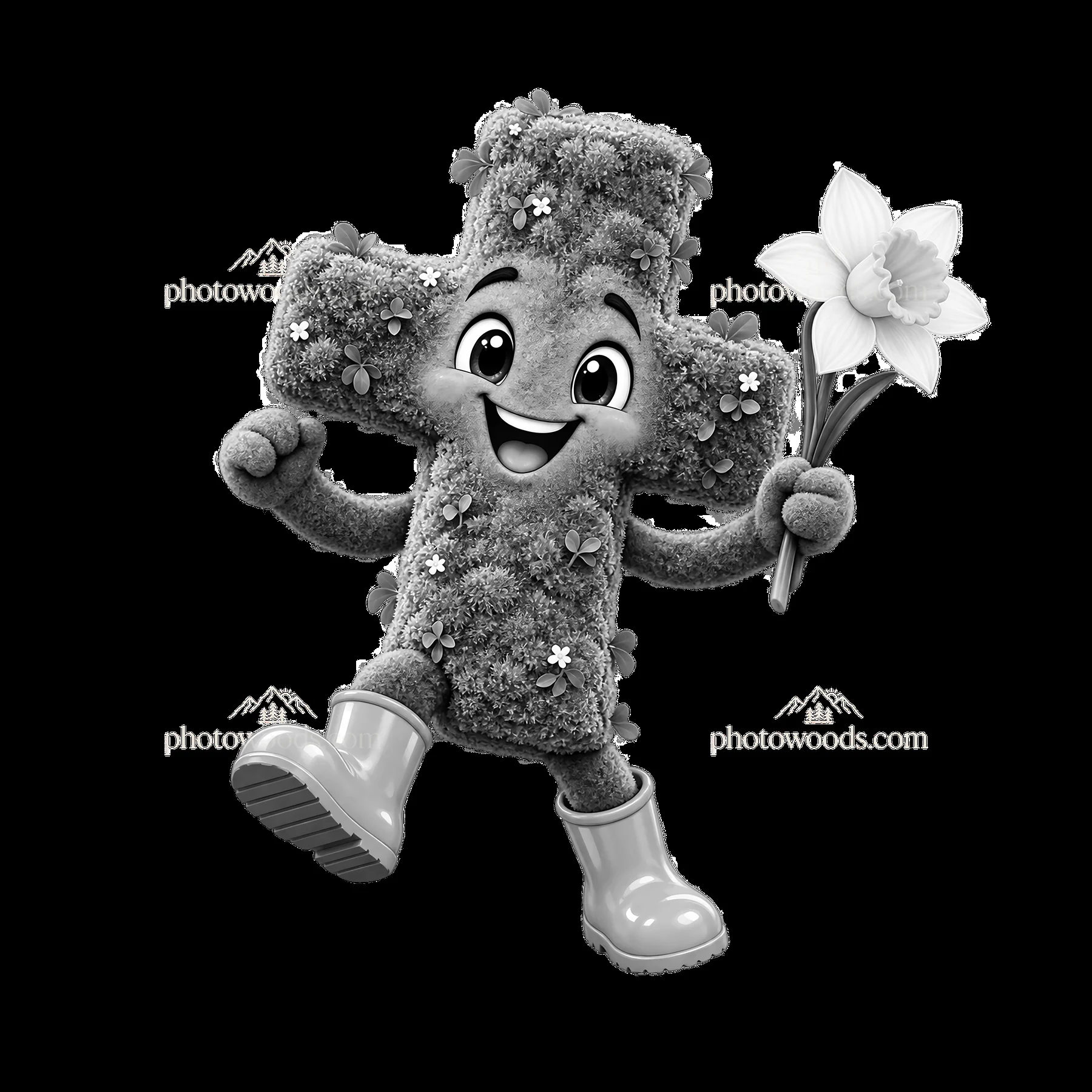 Easter cross character holding flower and wearing rubber boots - AI-generated stock image