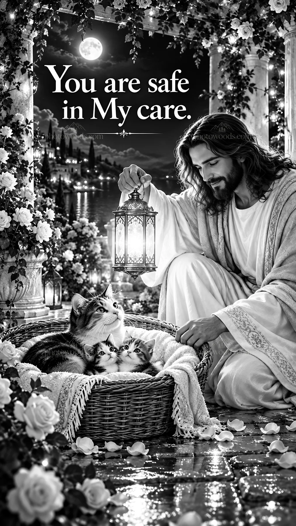 Jesus Christ comforting animals in a serene garden - AI-generated stock image